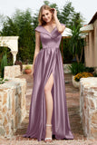 Cap Sleeves Satin Formal Evening Prom Party Dresses V Neck Ruched Bridesmaid Dress Gowns