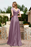 Cap Sleeves Satin Formal Evening Prom Party Dresses V Neck Ruched Bridesmaid Dress Gowns