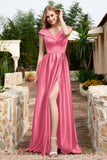 Cap Sleeves Satin Formal Evening Prom Party Dresses V Neck Ruched Bridesmaid Dress Gowns