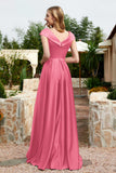 Cap Sleeves Satin Formal Evening Prom Party Dresses V Neck Ruched Bridesmaid Dress Gowns
