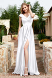 Cap Sleeves Satin Formal Evening Prom Party Dresses V Neck Ruched Bridesmaid Dress Gowns