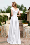 Cap Sleeves Satin Formal Evening Prom Party Dresses V Neck Ruched Bridesmaid Dress Gowns