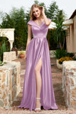 Cap Sleeves Satin Formal Evening Prom Party Dresses V Neck Ruched Bridesmaid Dress Gowns