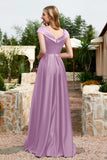 Cap Sleeves Satin Formal Evening Prom Party Dresses V Neck Ruched Bridesmaid Dress Gowns
