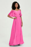 Off the Shoulder Chiffon Flutter Sleeves Junior Bridesmaid Dress Formal Evening Prom Gowns
