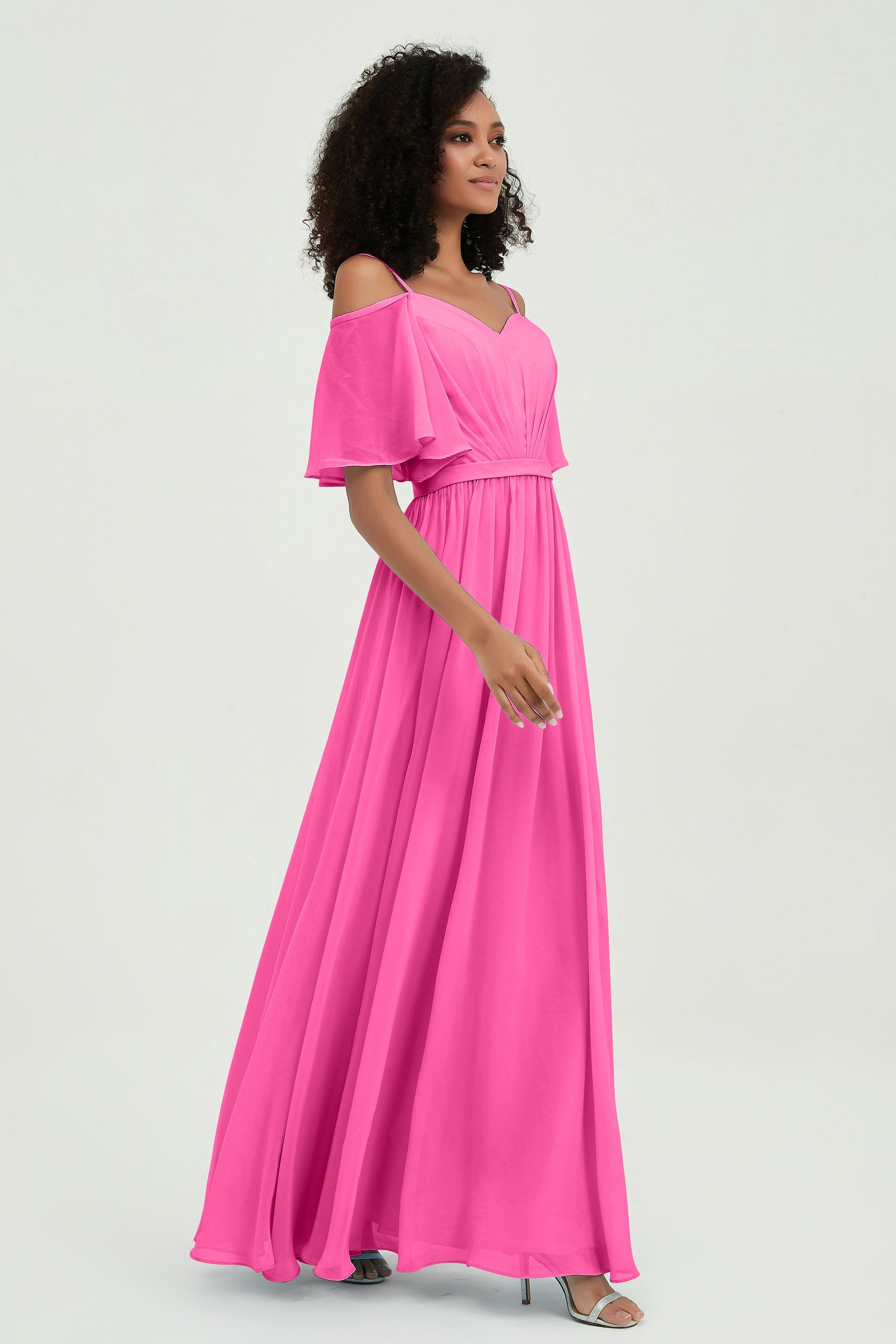 Off the Shoulder Chiffon Flutter Sleeves Junior Bridesmaid Dress Formal Evening Prom Gowns