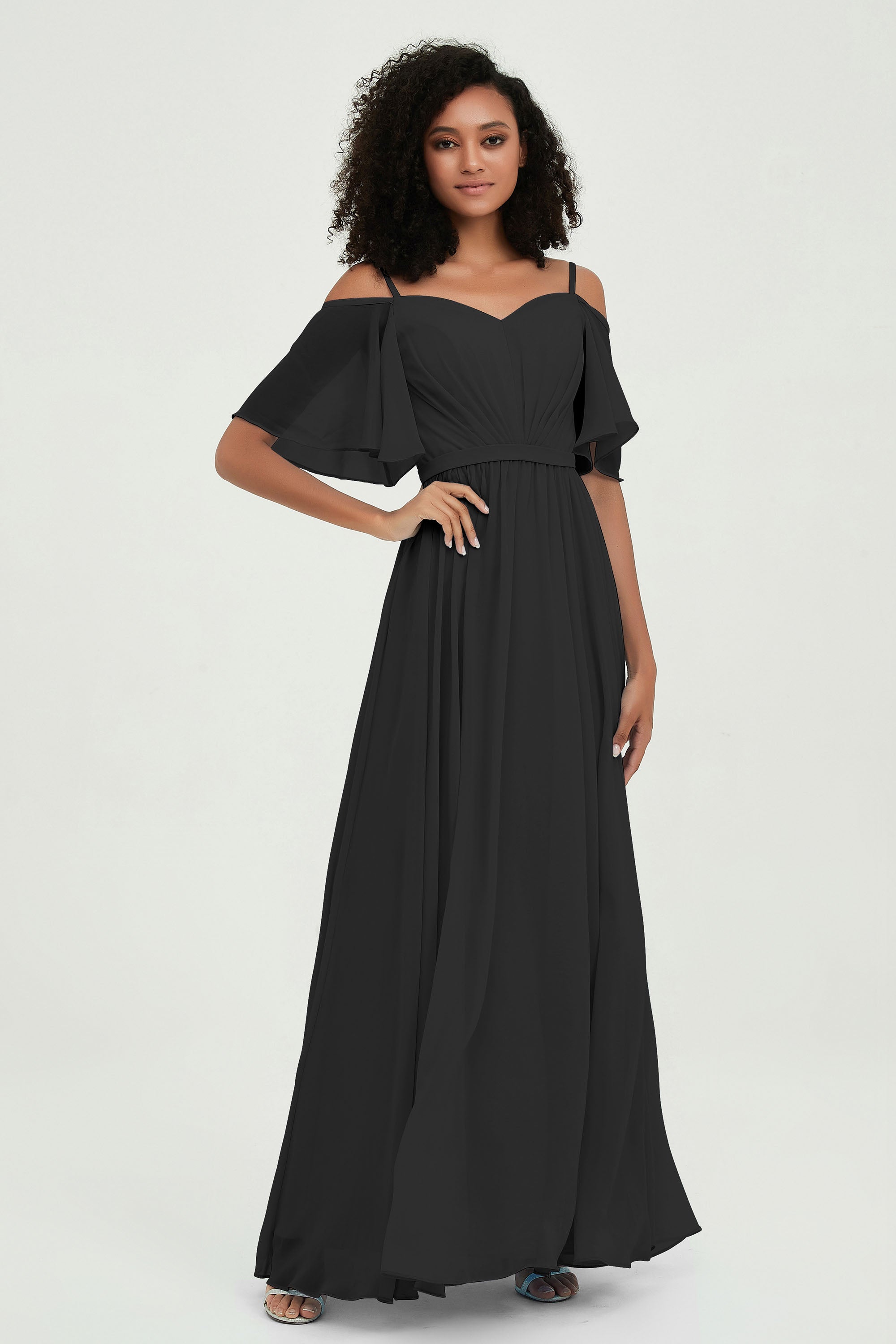 Off the Shoulder Chiffon Flutter Sleeves Junior Bridesmaid Dress Formal Evening Prom Gowns
