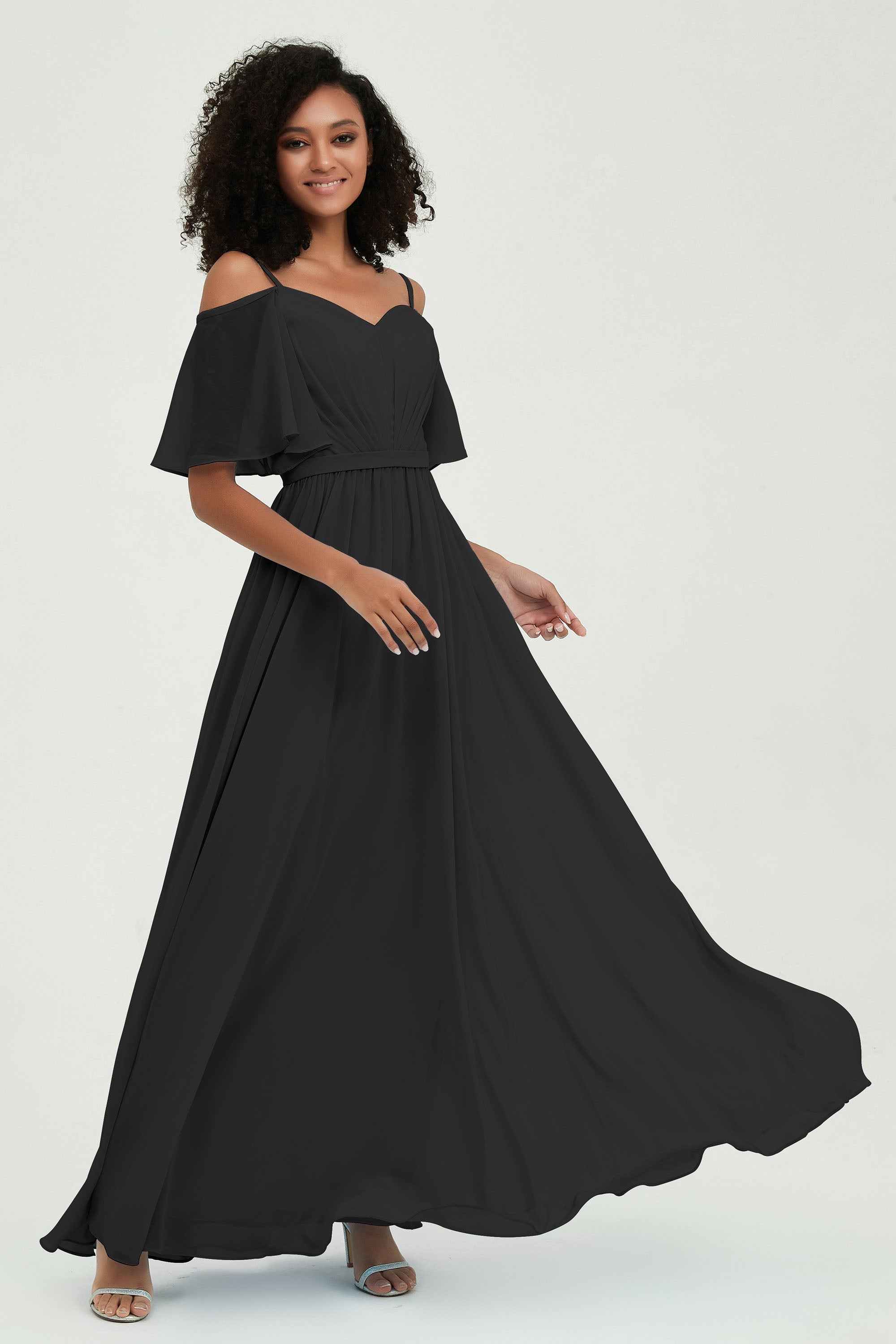 Off the Shoulder Chiffon Flutter Sleeves Junior Bridesmaid Dress Formal Evening Prom Gowns