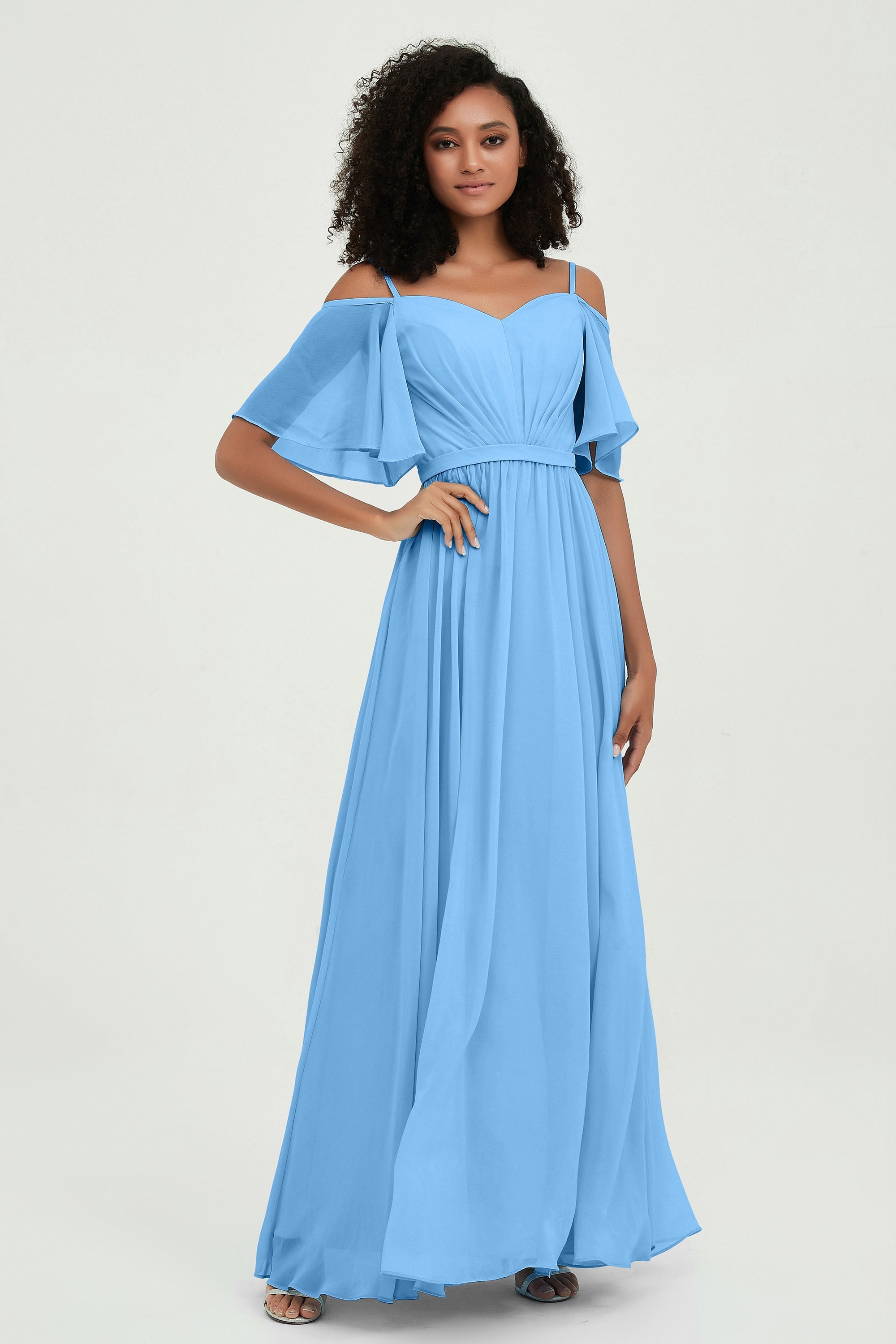 Off the Shoulder Chiffon Flutter Sleeves Junior Bridesmaid Dress Formal Evening Prom Gowns