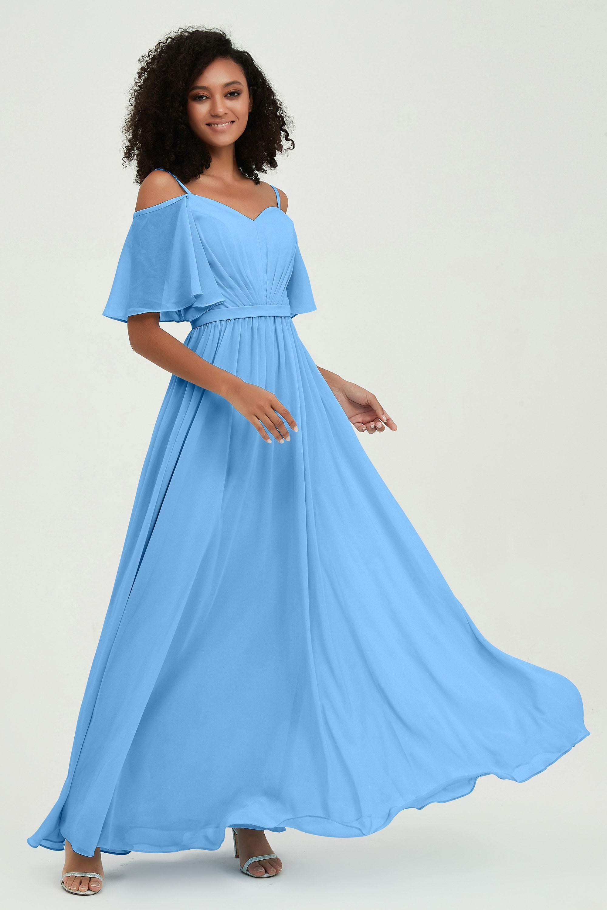 Off the Shoulder Chiffon Flutter Sleeves Junior Bridesmaid Dress Formal Evening Prom Gowns
