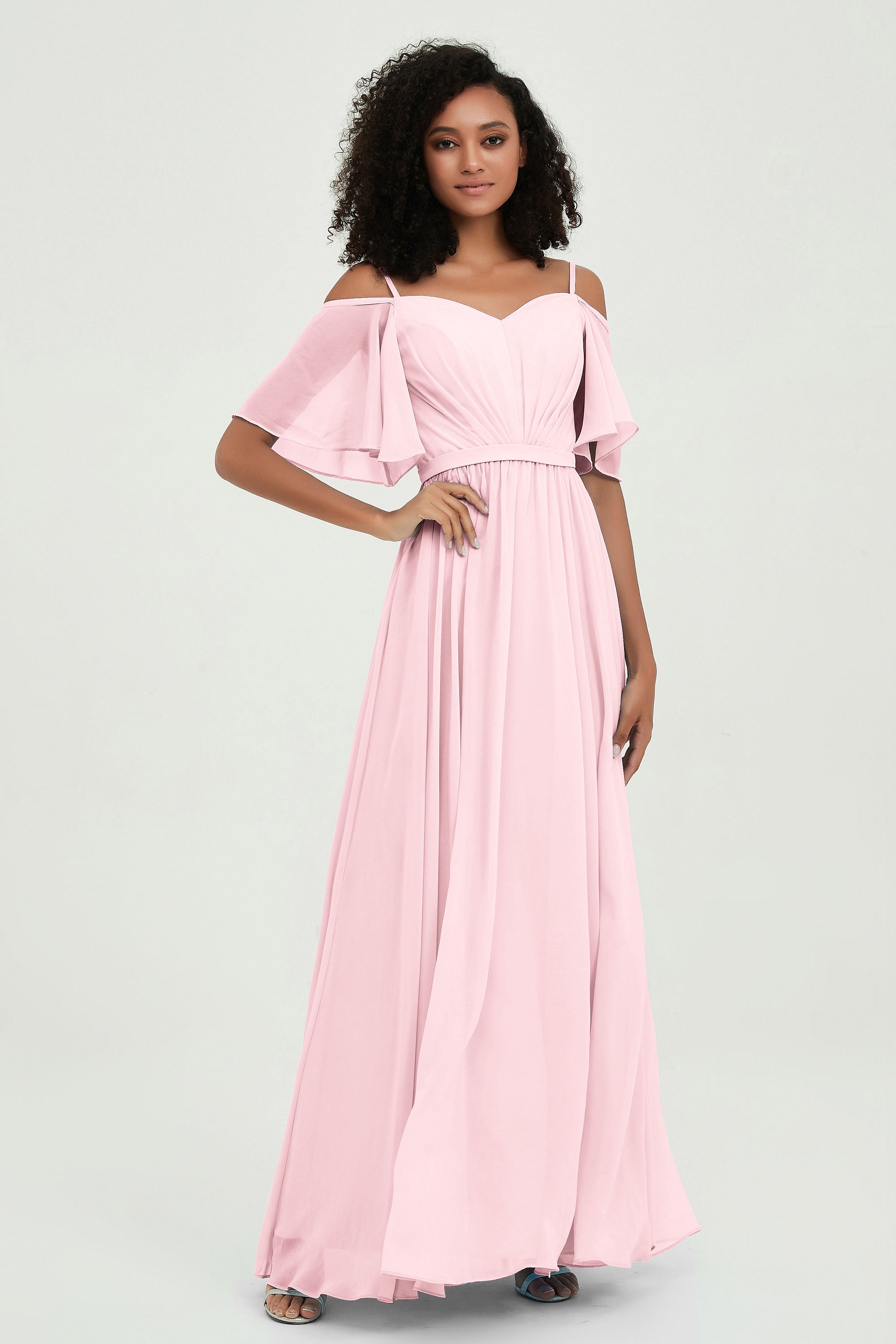 Off the Shoulder Chiffon Flutter Sleeves Junior Bridesmaid Dress Formal Evening Prom Gowns