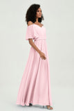 Off the Shoulder Chiffon Flutter Sleeves Junior Bridesmaid Dress Formal Evening Prom Gowns