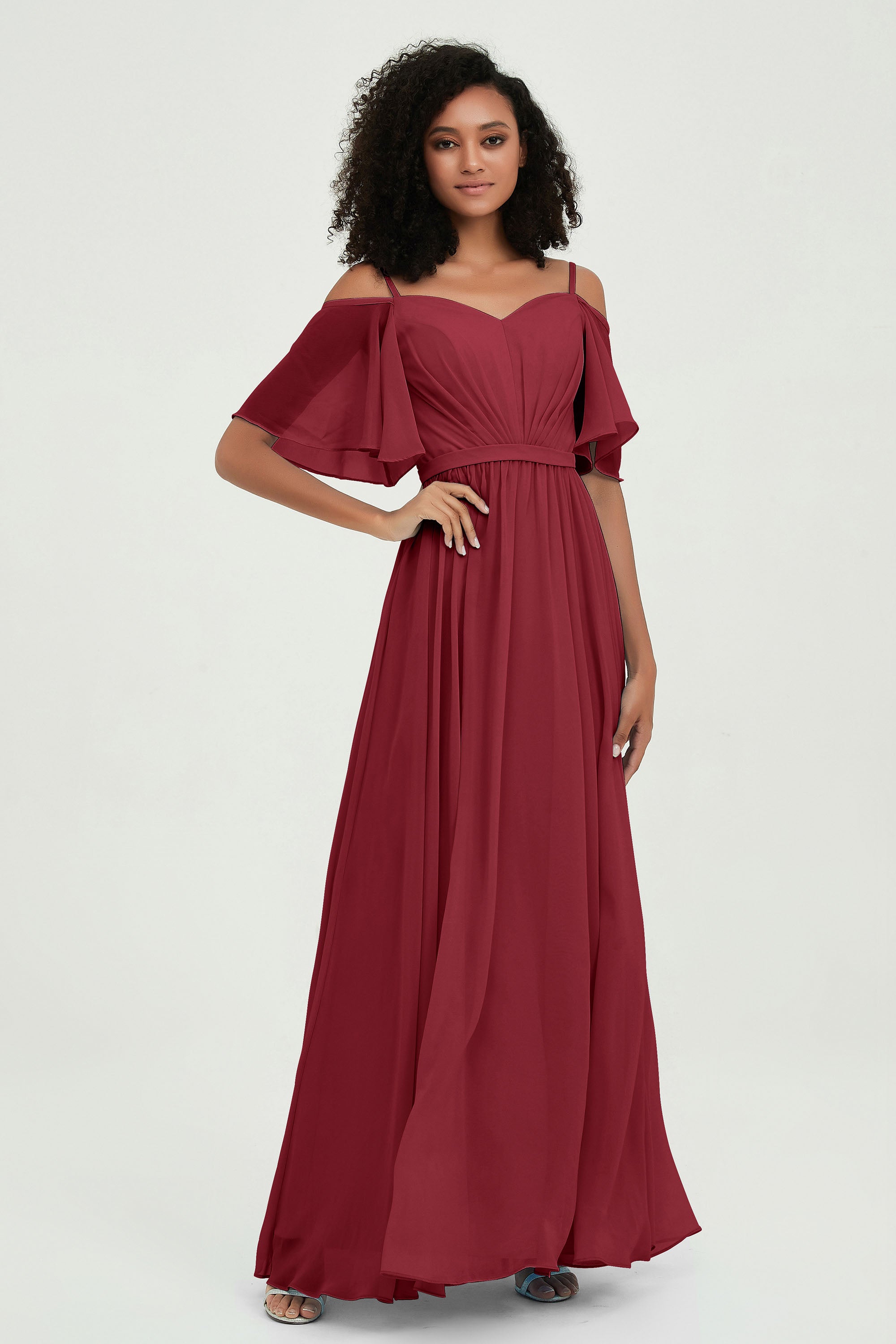 Off the Shoulder Chiffon Flutter Sleeves Junior Bridesmaid Dress Formal Evening Prom Gowns