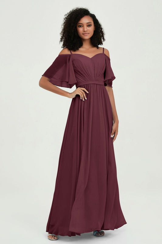 Off the Shoulder Chiffon Flutter Sleeves Junior Bridesmaid Dress Formal Evening Prom Gowns
