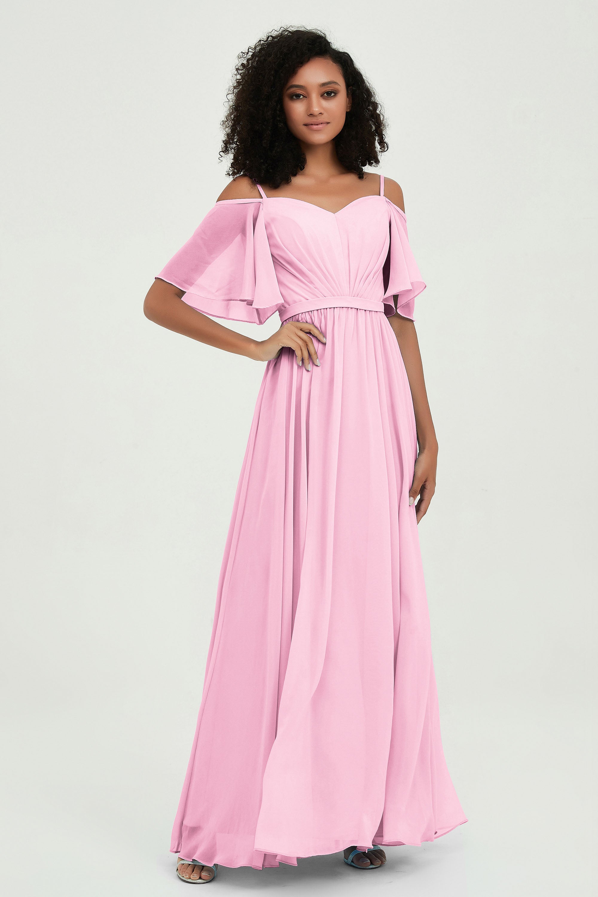 Off the Shoulder Chiffon Flutter Sleeves Junior Bridesmaid Dress Formal Evening Prom Gowns