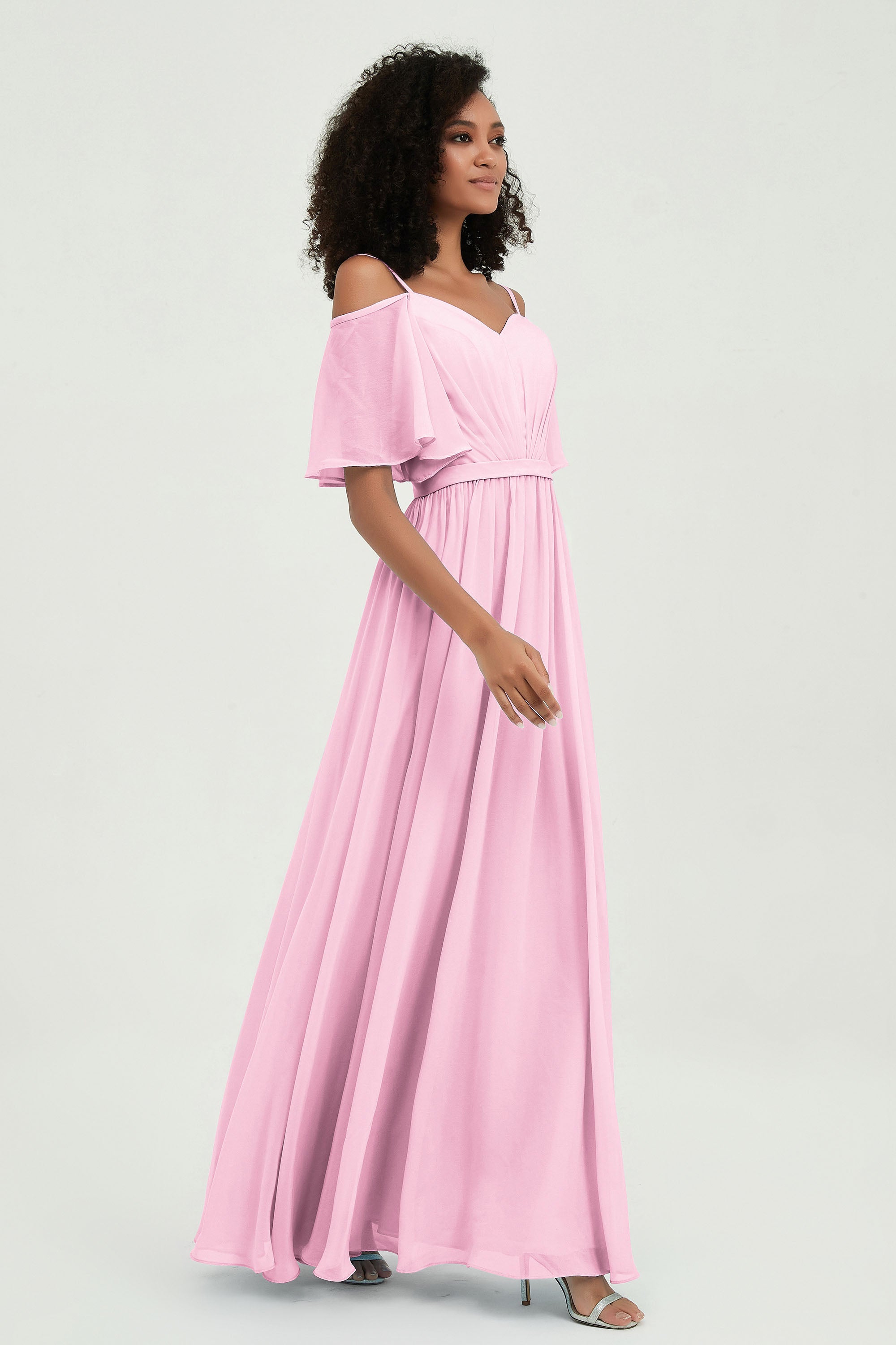 Off the Shoulder Chiffon Flutter Sleeves Junior Bridesmaid Dress Formal Evening Prom Gowns