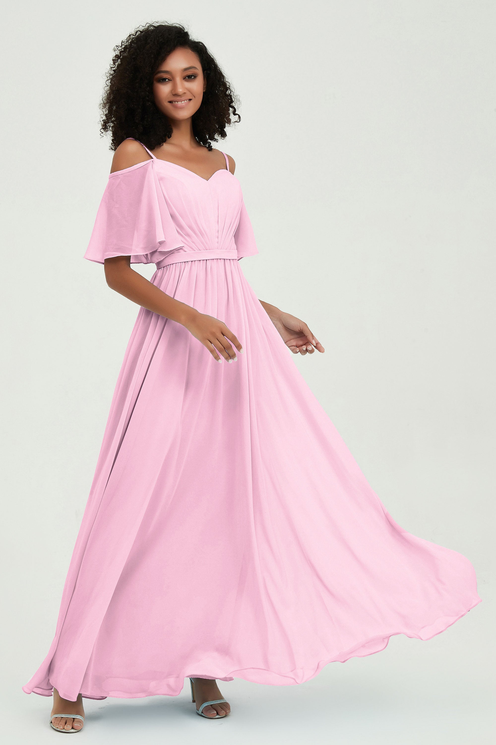 Off the Shoulder Chiffon Flutter Sleeves Junior Bridesmaid Dress Formal Evening Prom Gowns