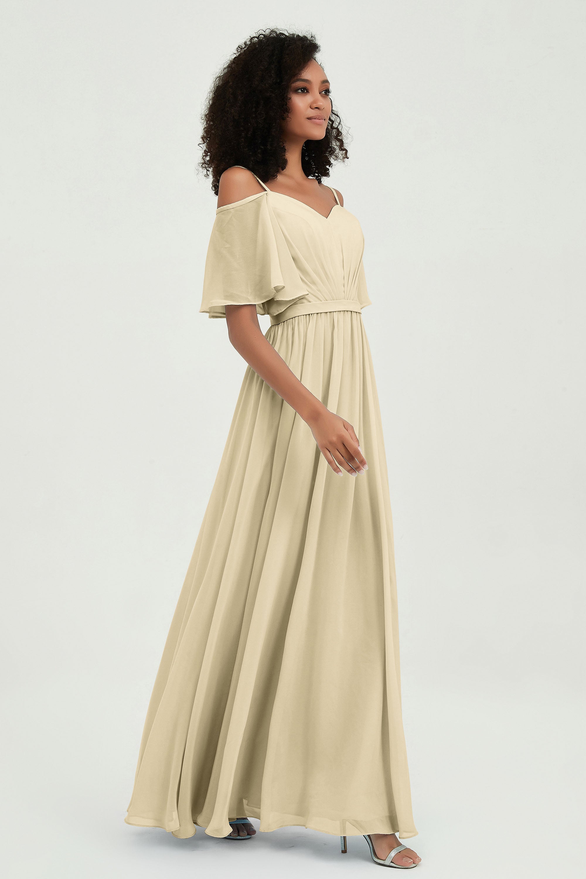 Off the Shoulder Chiffon Flutter Sleeves Junior Bridesmaid Dress Formal Evening Prom Gowns