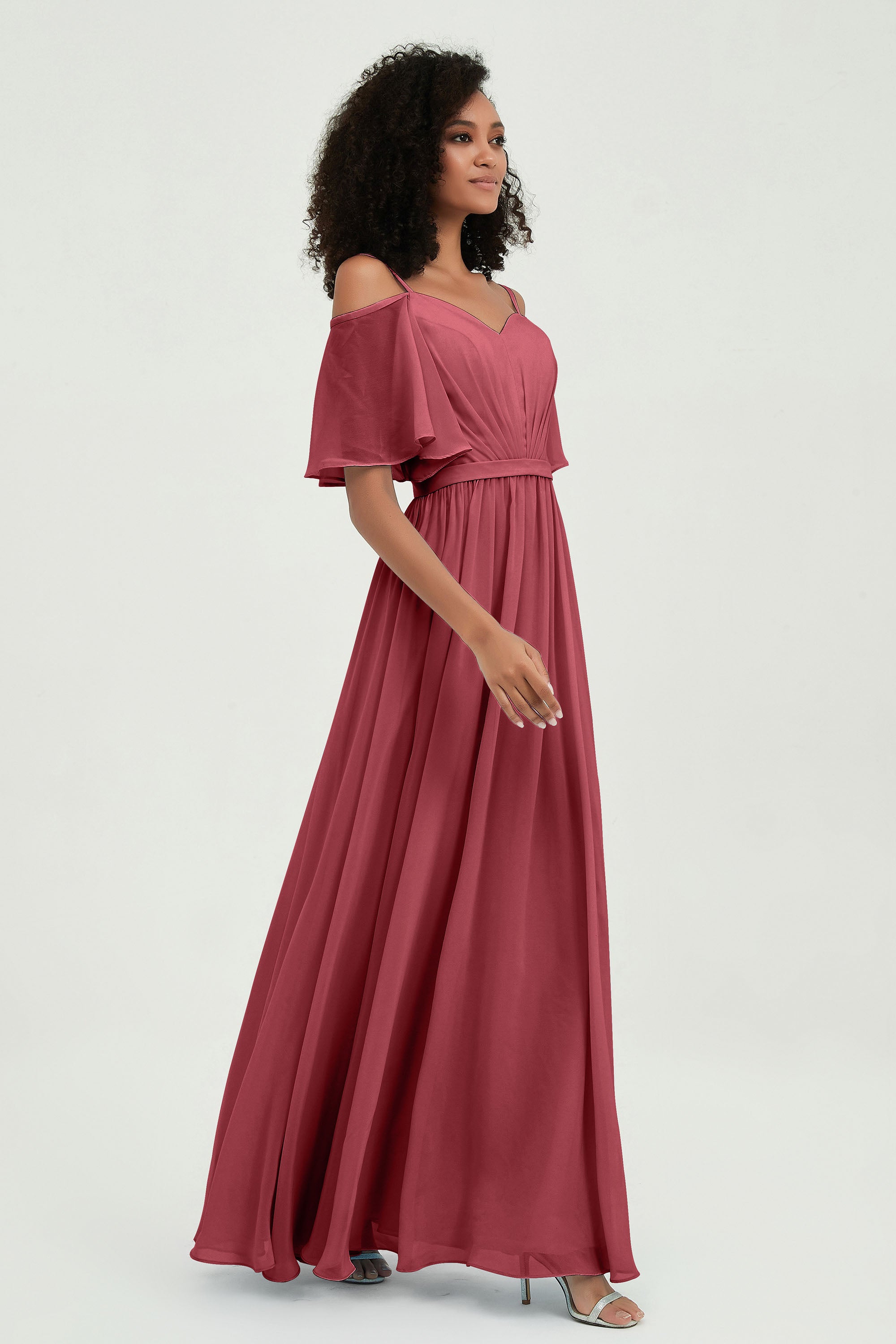 Off the Shoulder Chiffon Flutter Sleeves Junior Bridesmaid Dress Formal Evening Prom Gowns