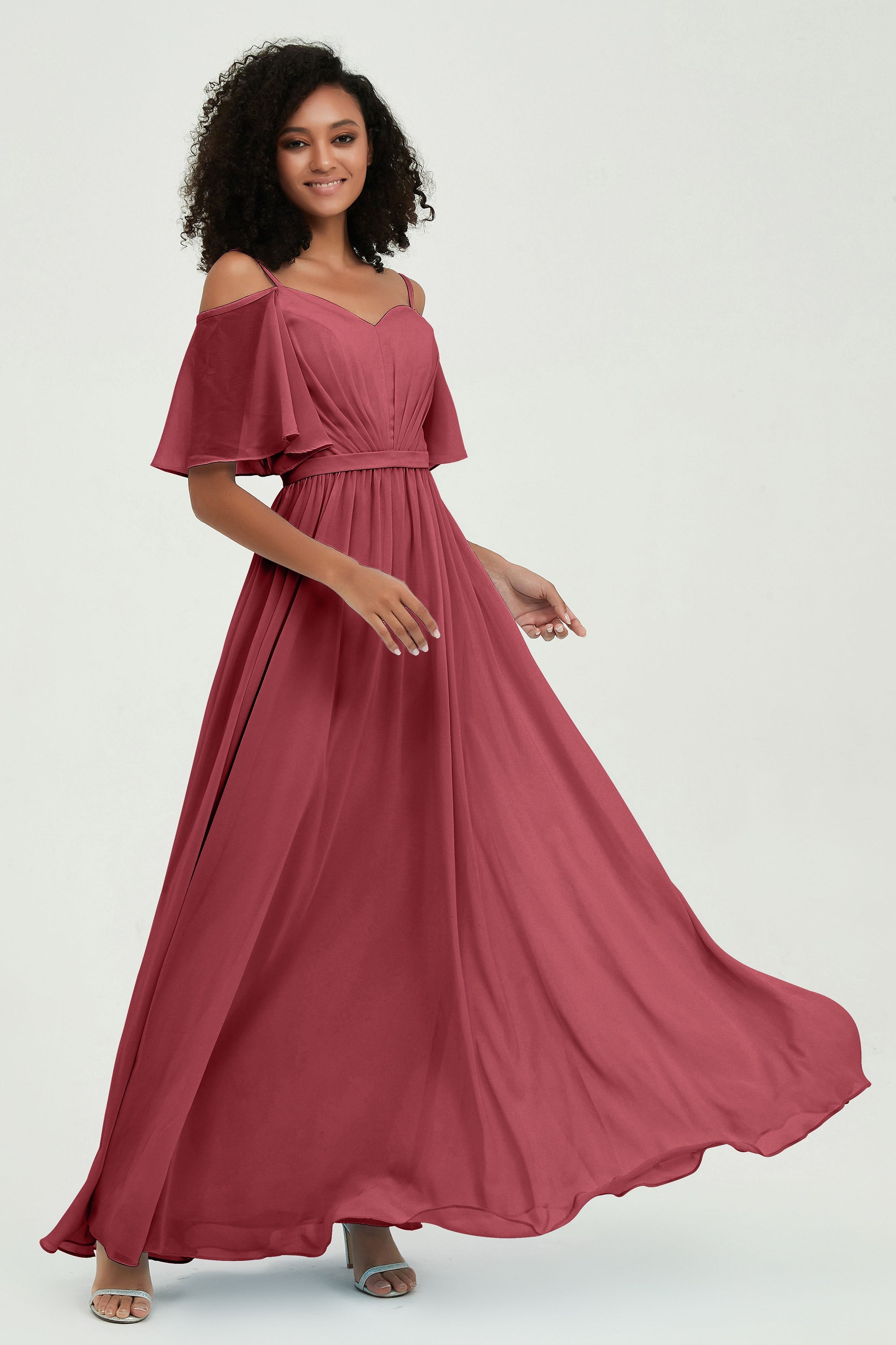 Off the Shoulder Chiffon Flutter Sleeves Junior Bridesmaid Dress Formal Evening Prom Gowns