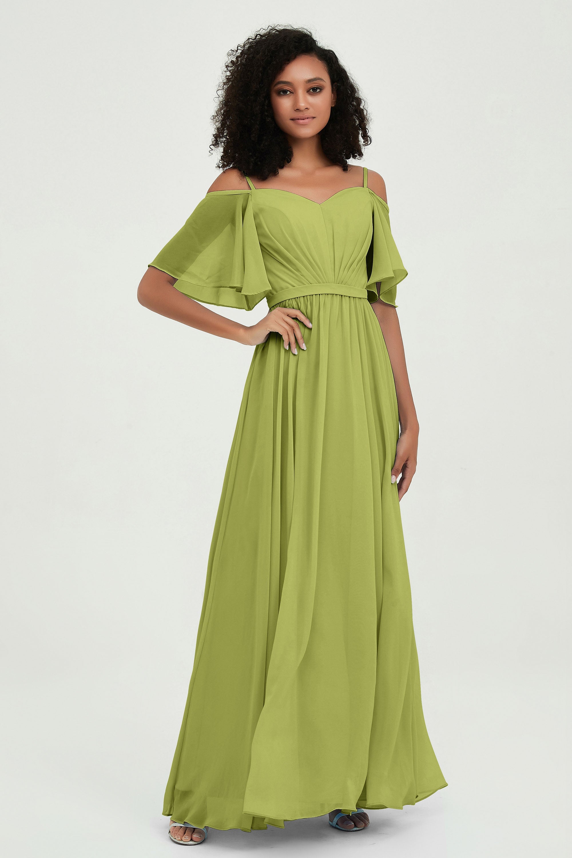 Off the Shoulder Chiffon Flutter Sleeves Junior Bridesmaid Dress Formal Evening Prom Gowns