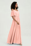 Off the Shoulder Chiffon Flutter Sleeves Junior Bridesmaid Dress Formal Evening Prom Gowns