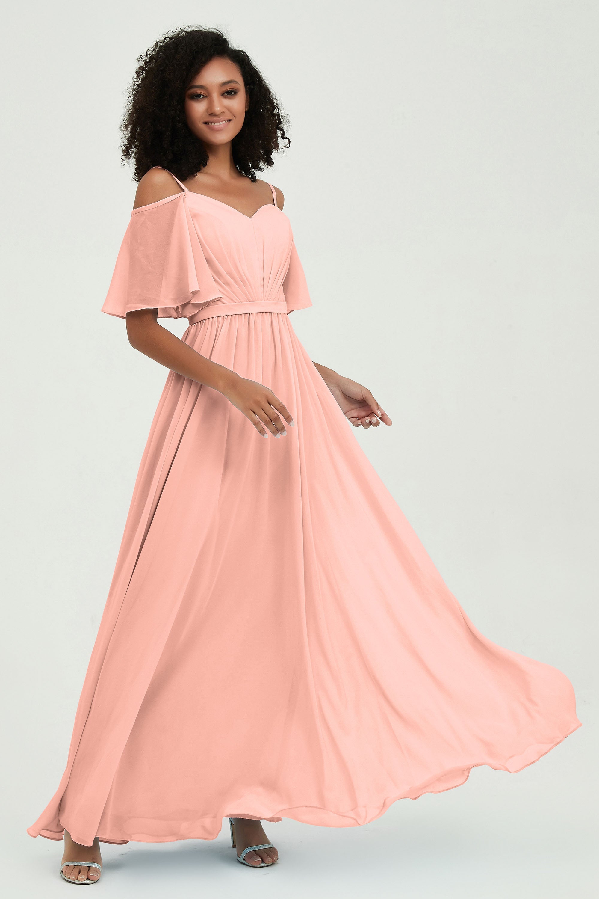 Off the Shoulder Chiffon Flutter Sleeves Junior Bridesmaid Dress Formal Evening Prom Gowns