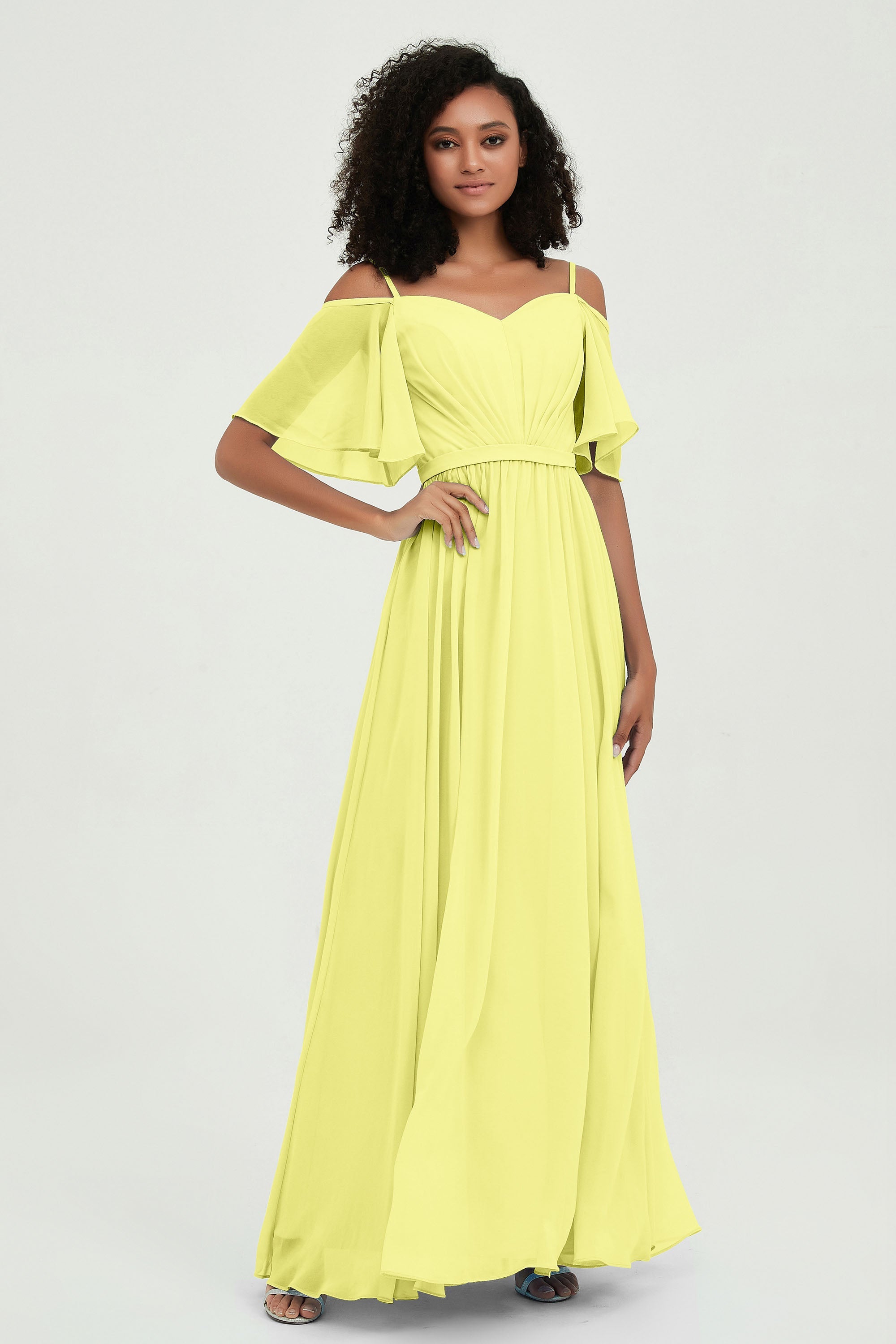 Off the Shoulder Chiffon Flutter Sleeves Junior Bridesmaid Dress Formal Evening Prom Gowns