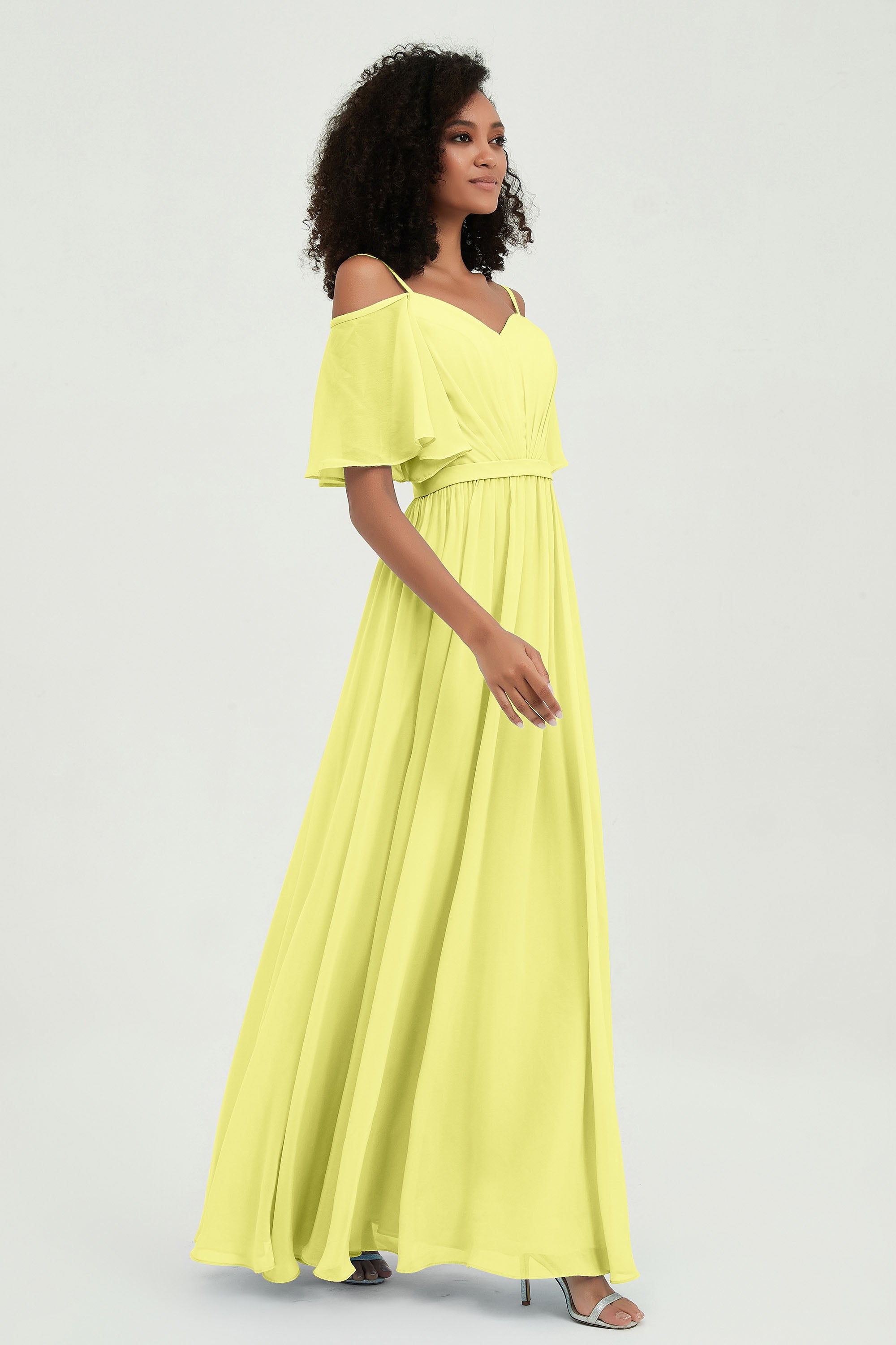 Off the Shoulder Chiffon Flutter Sleeves Junior Bridesmaid Dress Formal Evening Prom Gowns