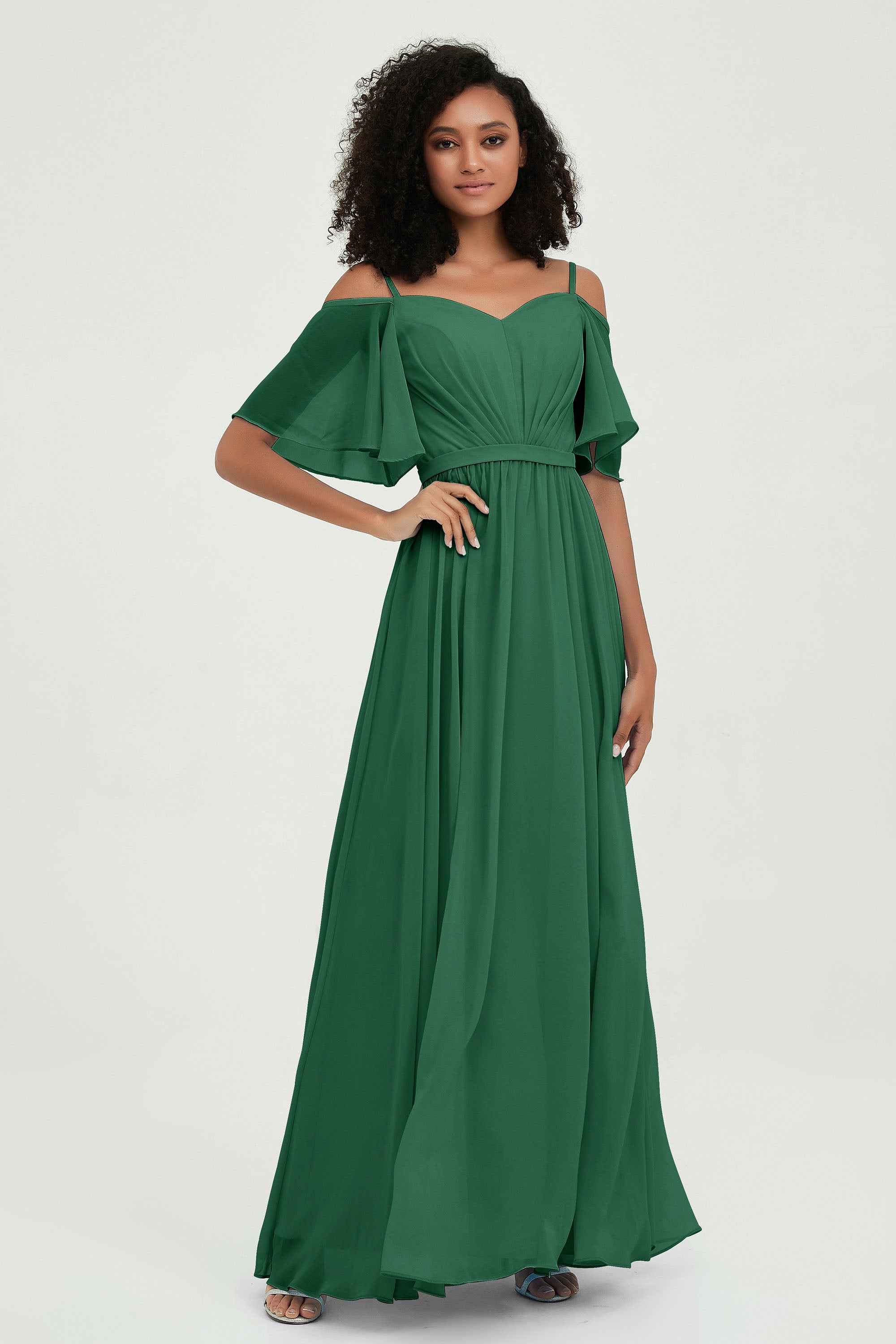 Off the Shoulder Chiffon Flutter Sleeves Junior Bridesmaid Dress Formal Evening Prom Gowns