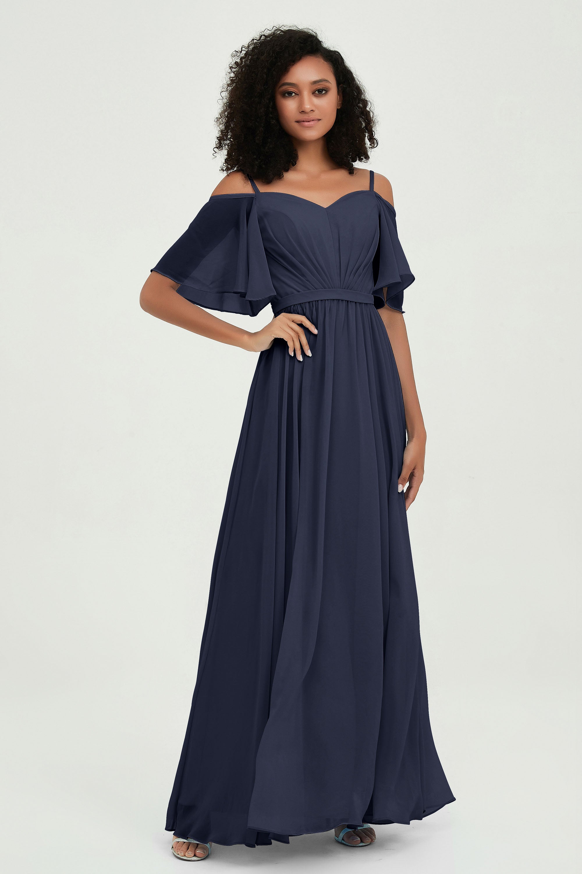 Off the Shoulder Chiffon Flutter Sleeves Junior Bridesmaid Dress Formal Evening Prom Gowns