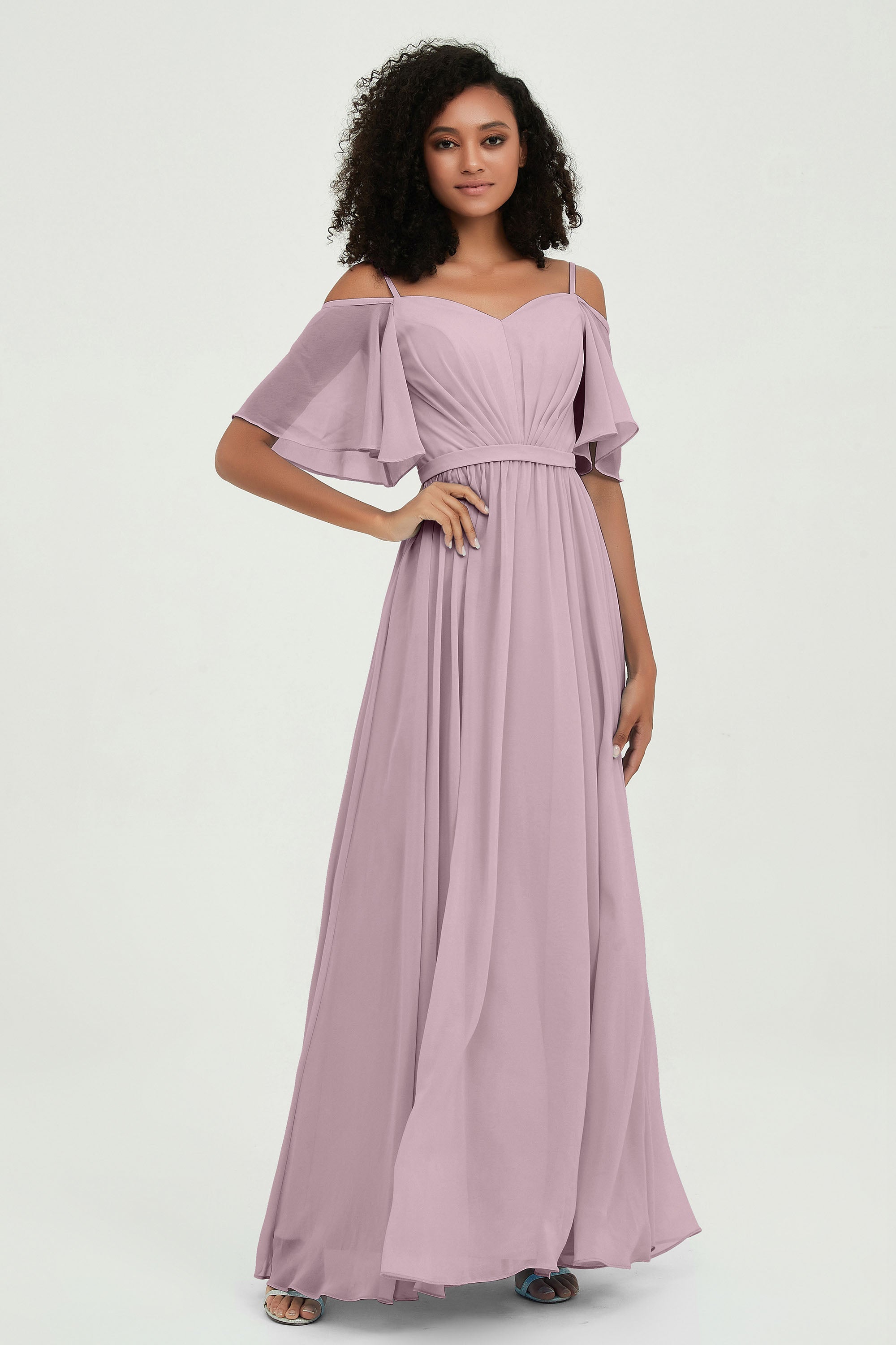 Off the Shoulder Chiffon Flutter Sleeves Junior Bridesmaid Dress Formal Evening Prom Gowns