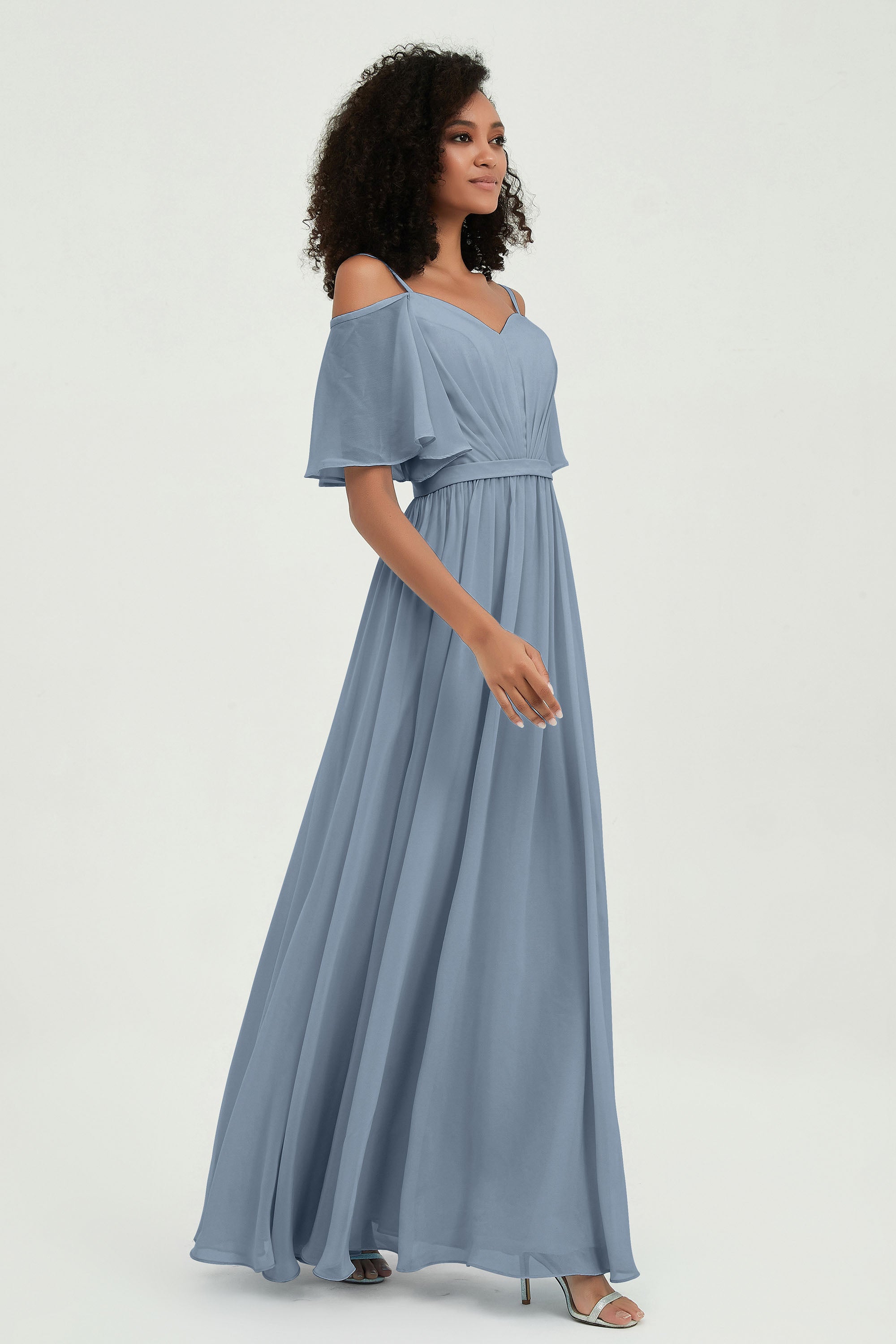 Off the Shoulder Chiffon Flutter Sleeves Junior Bridesmaid Dress Formal Evening Prom Gowns