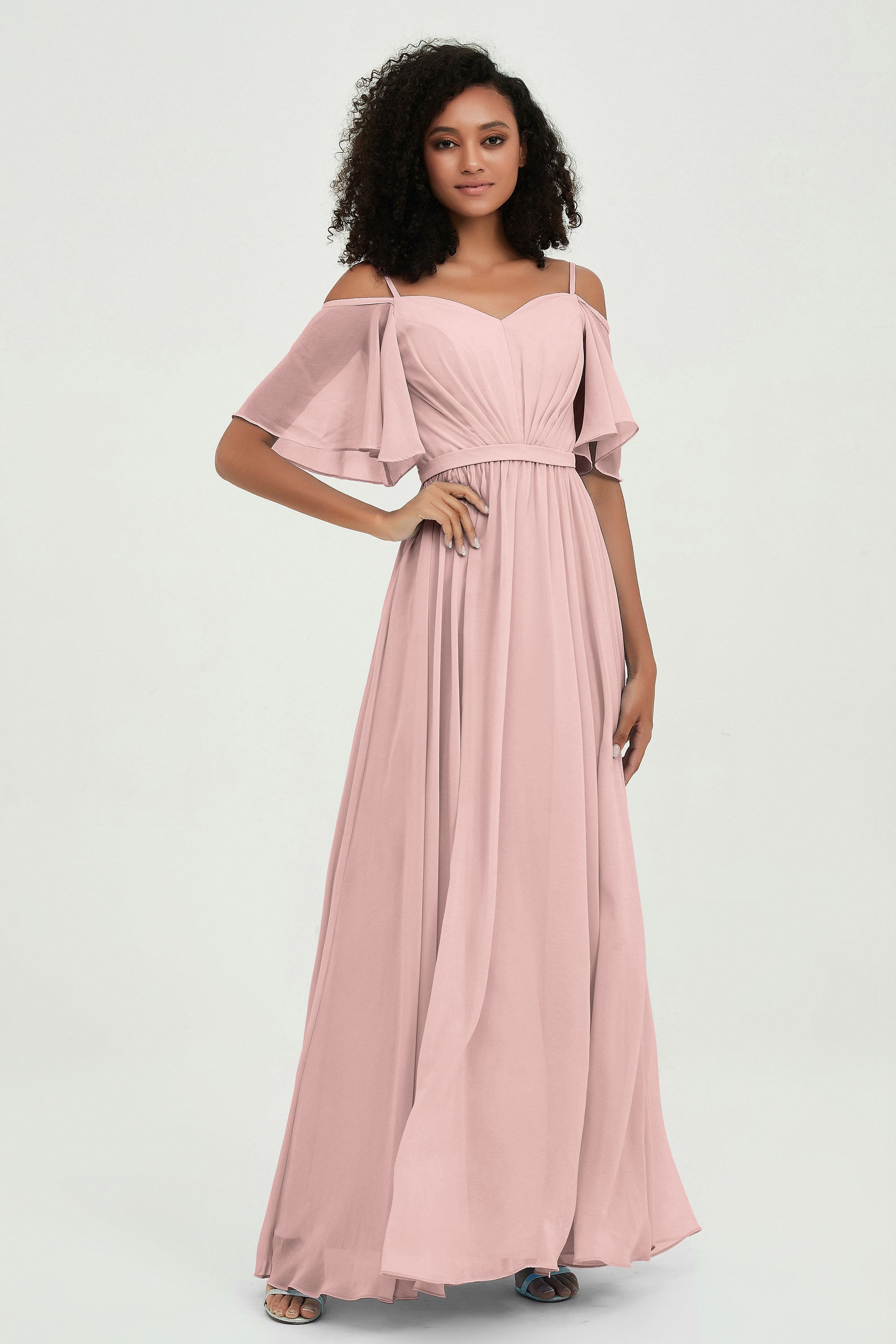 Off the Shoulder Chiffon Flutter Sleeves Junior Bridesmaid Dress Formal Evening Prom Gowns