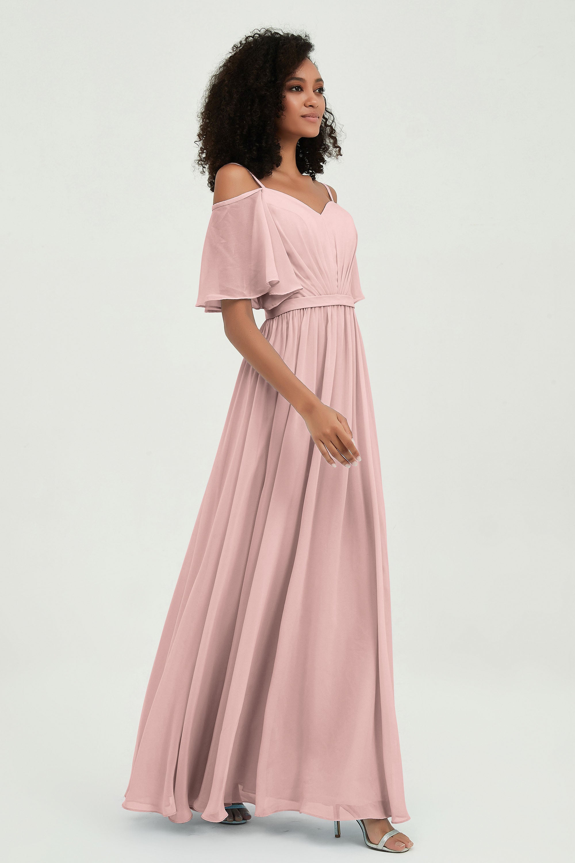 Off the Shoulder Chiffon Flutter Sleeves Junior Bridesmaid Dress Formal Evening Prom Gowns