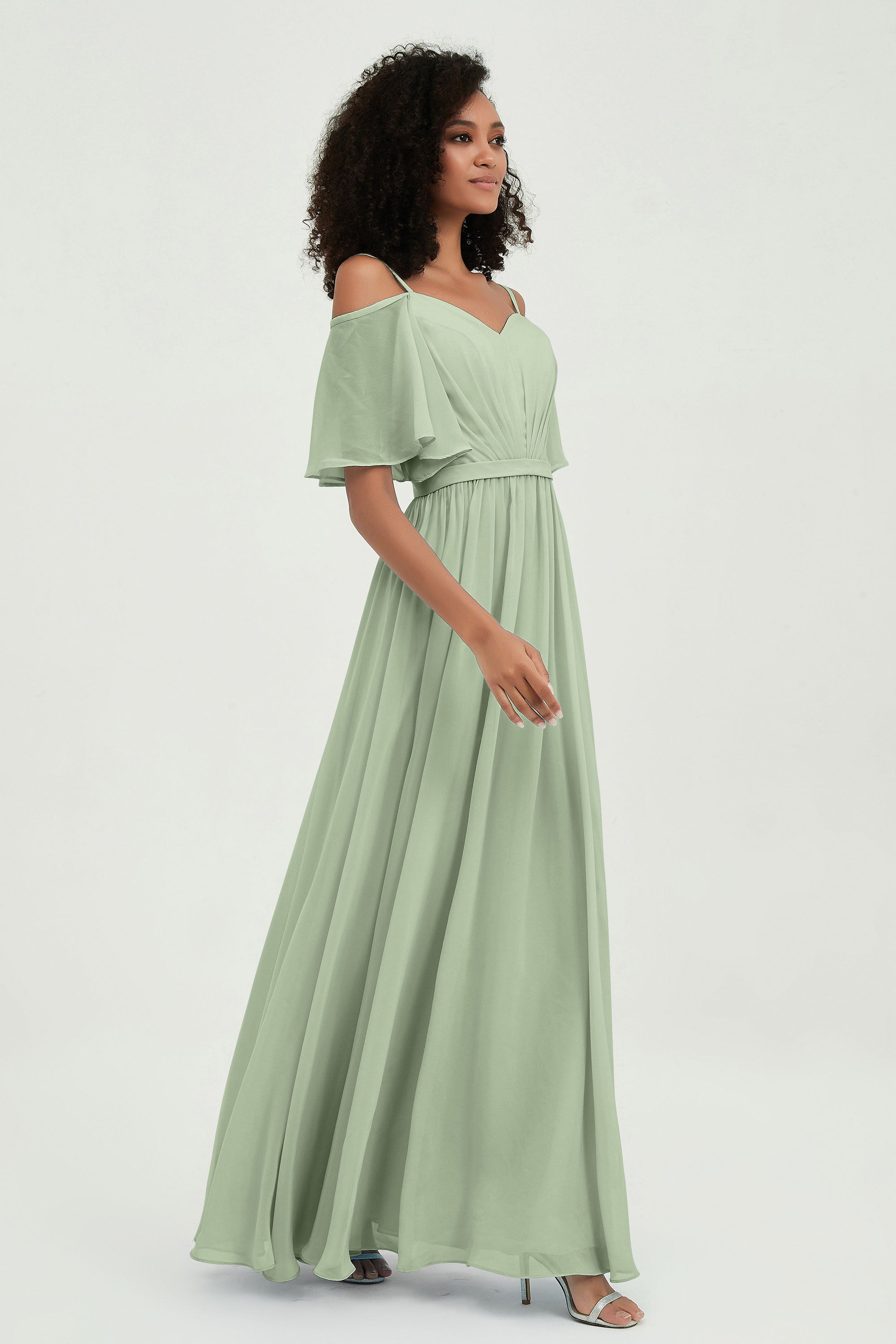 Off the Shoulder Chiffon Flutter Sleeves Junior Bridesmaid Dress Formal Evening Prom Gowns