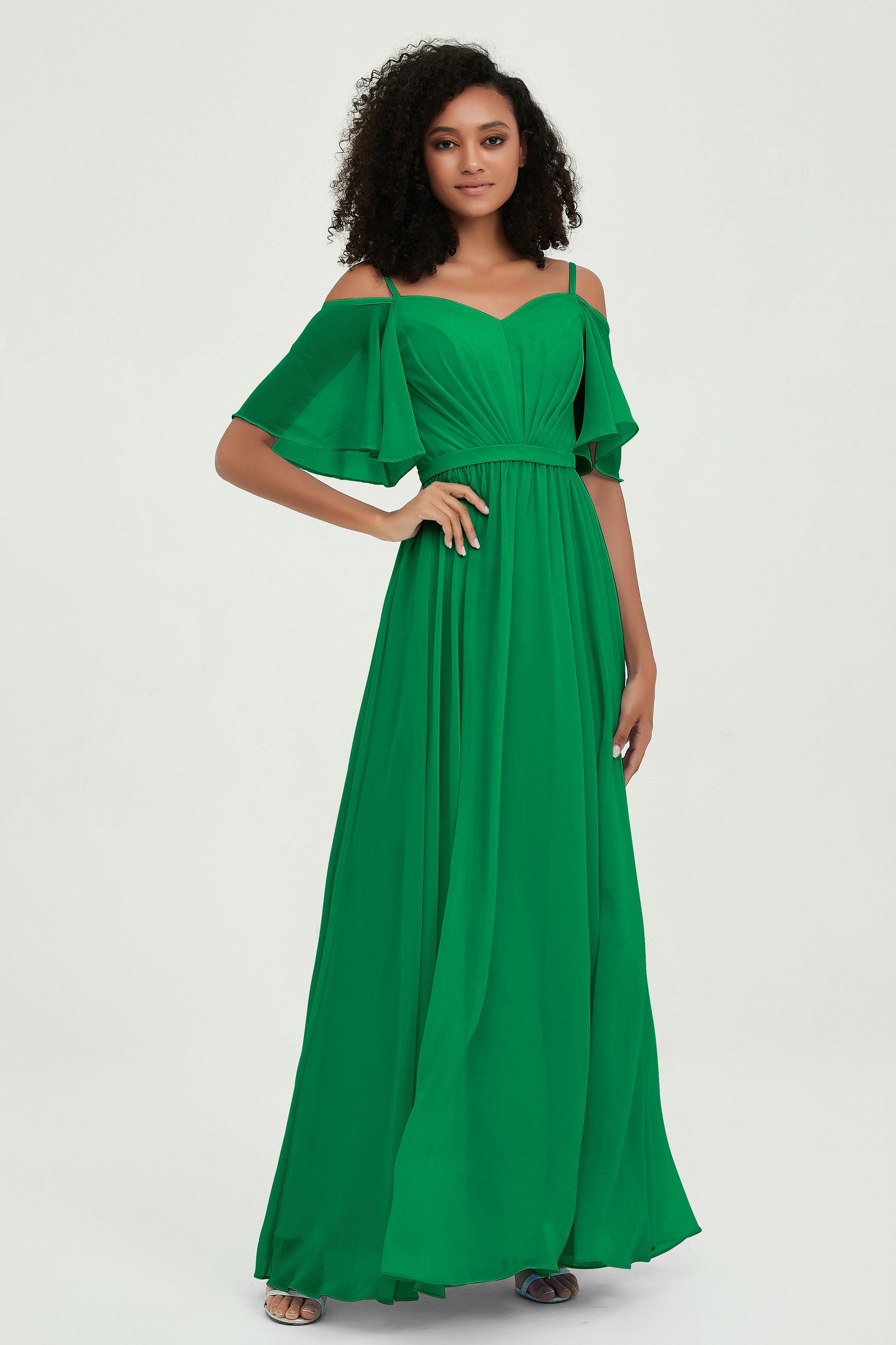 Off the Shoulder Chiffon Flutter Sleeves Junior Bridesmaid Dress Formal Evening Prom Gowns