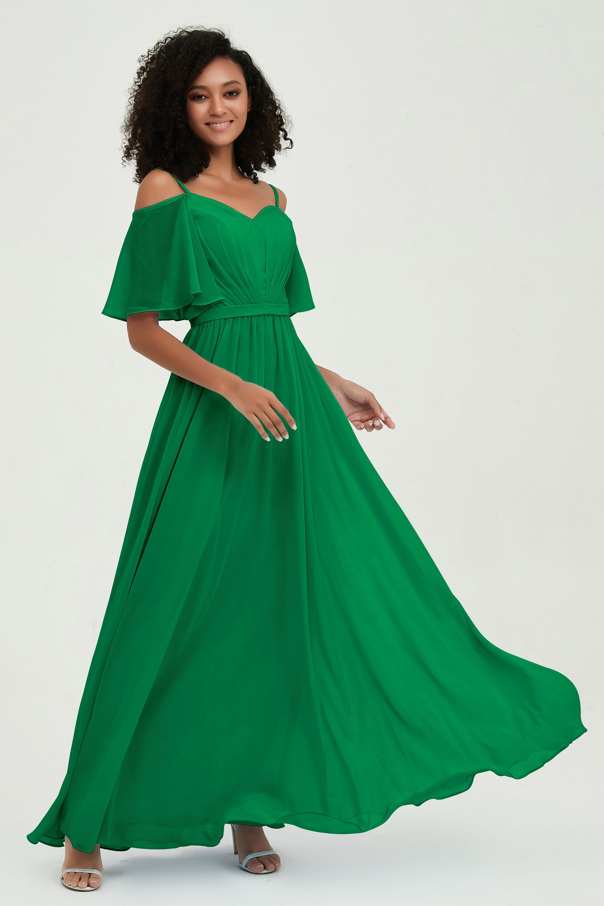 Off the Shoulder Chiffon Flutter Sleeves Junior Bridesmaid Dress Formal Evening Prom Gowns