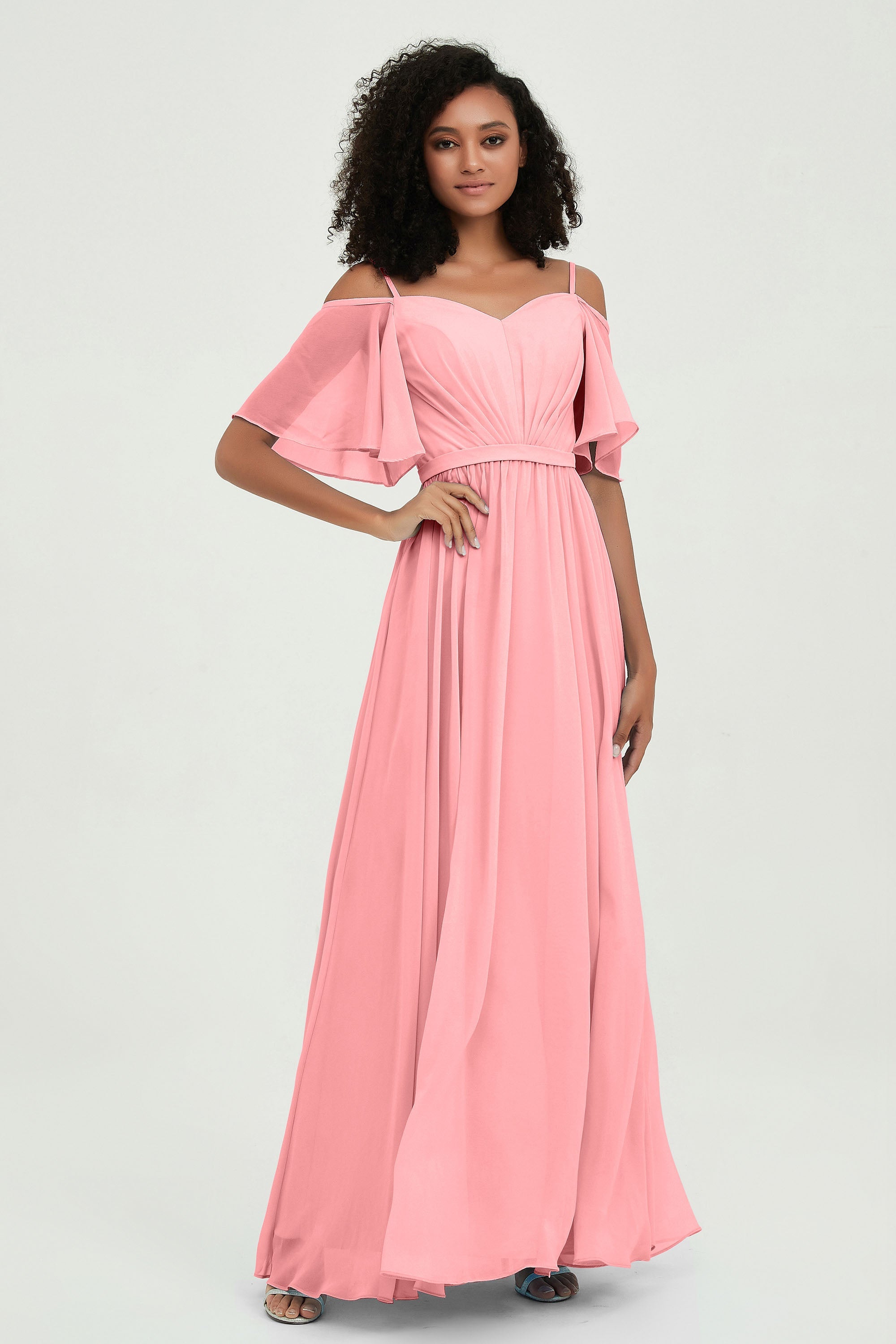 Off the Shoulder Chiffon Flutter Sleeves Junior Bridesmaid Dress Formal Evening Prom Gowns