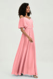 Off the Shoulder Chiffon Flutter Sleeves Junior Bridesmaid Dress Formal Evening Prom Gowns