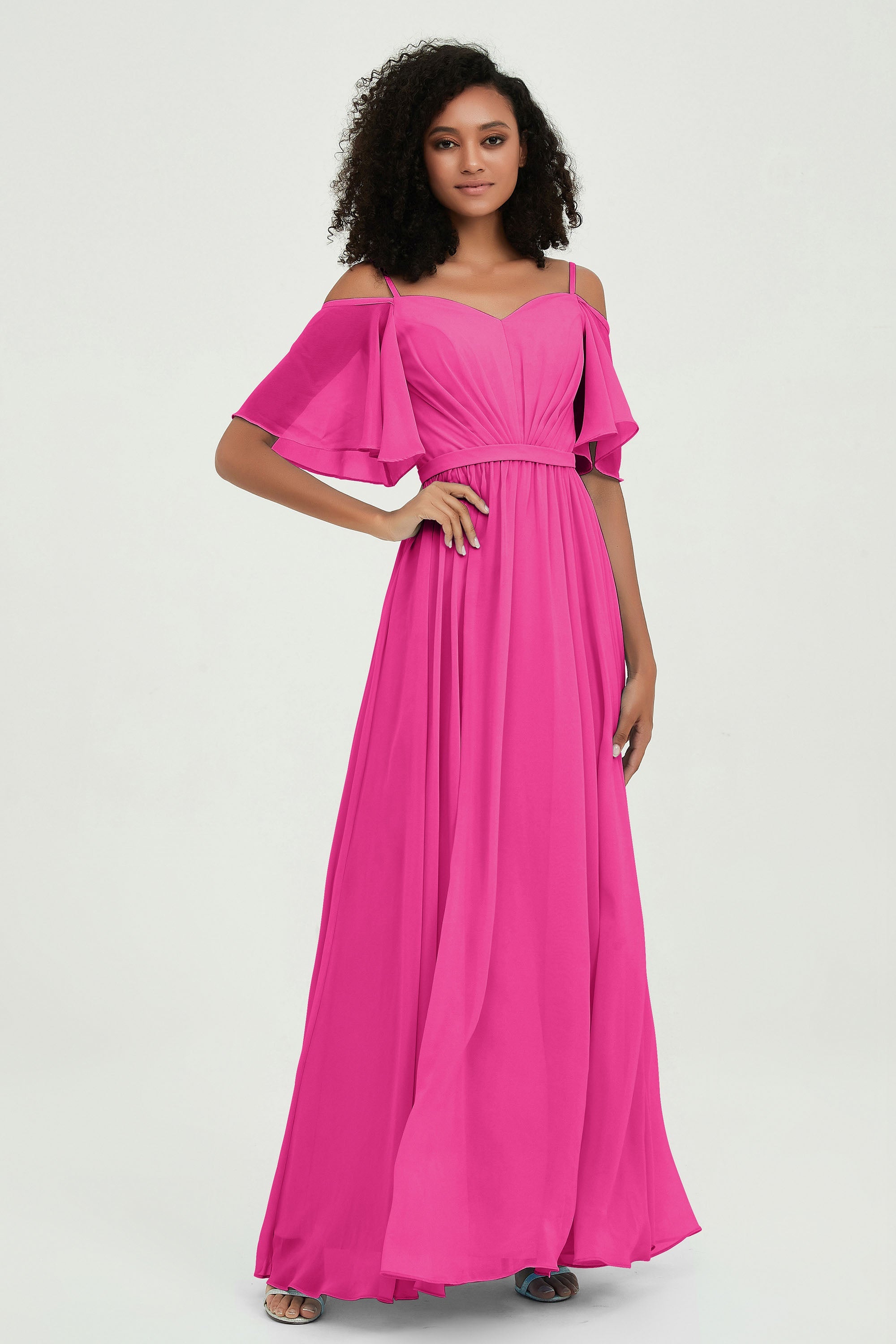 Off the Shoulder Chiffon Flutter Sleeves Junior Bridesmaid Dress Formal Evening Prom Gowns
