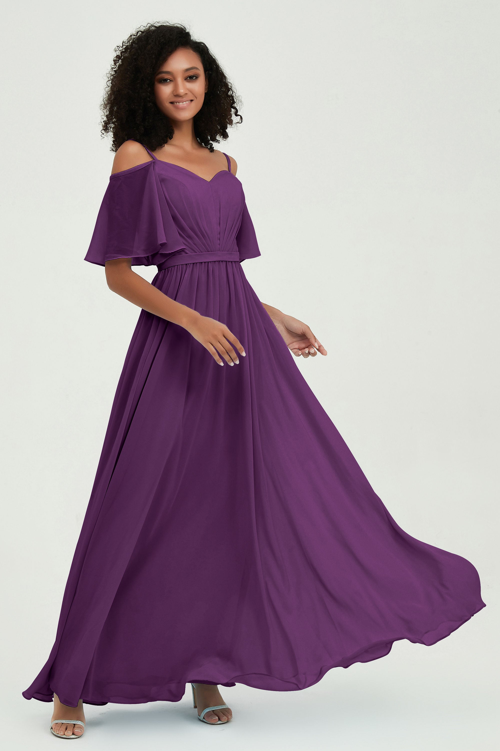 Off the Shoulder Chiffon Flutter Sleeves Junior Bridesmaid Dress Formal Evening Prom Gowns