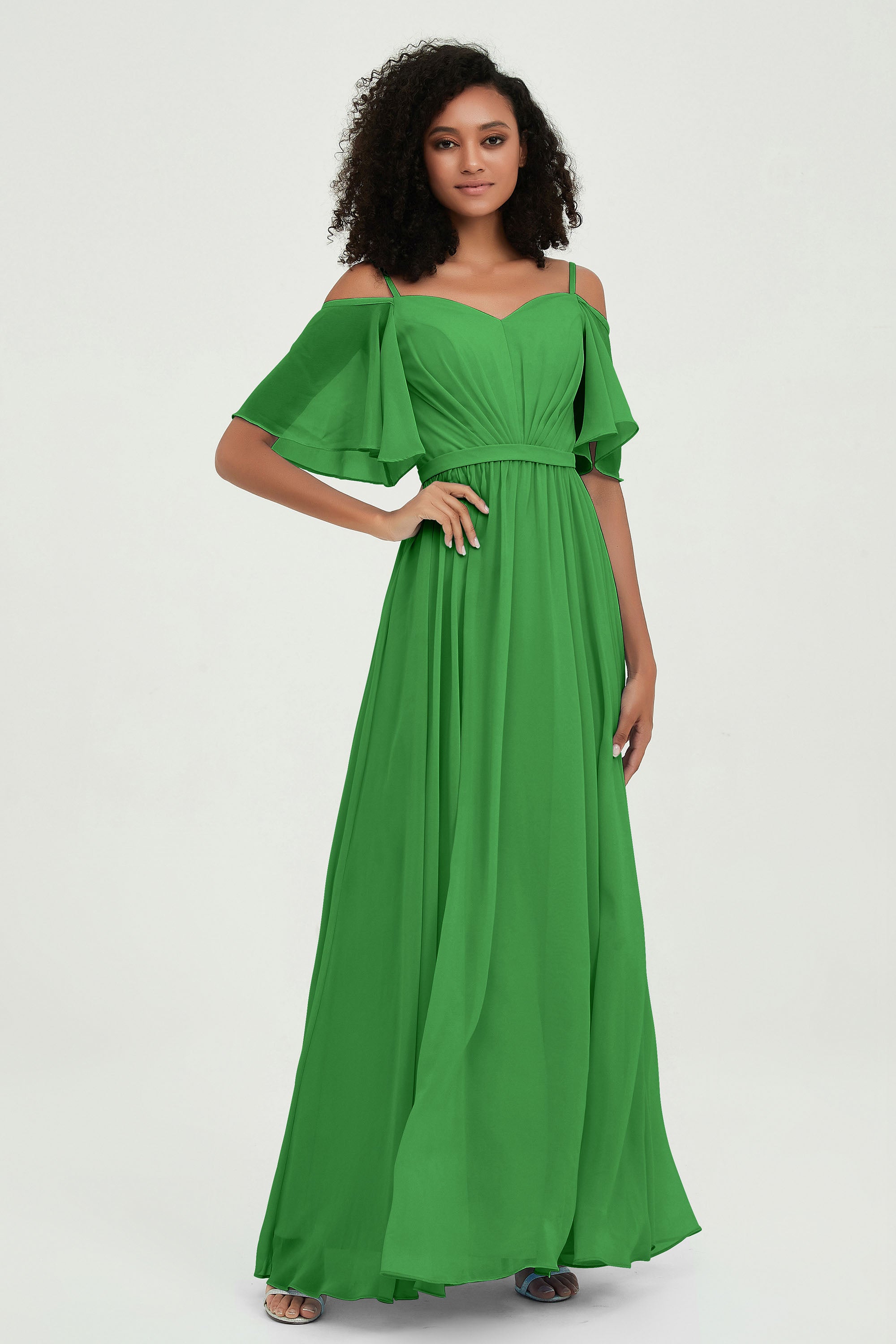 Off the Shoulder Chiffon Flutter Sleeves Junior Bridesmaid Dress Formal Evening Prom Gowns