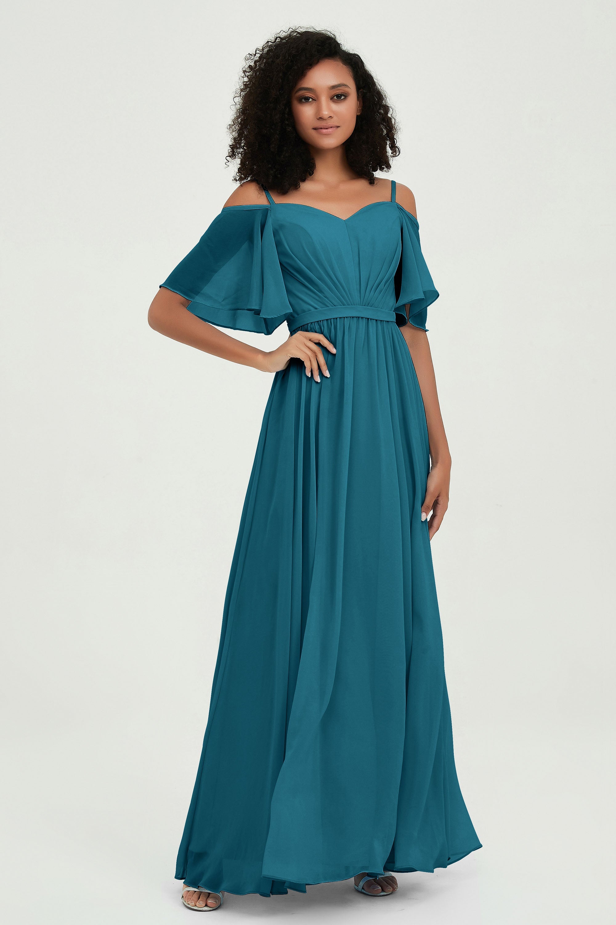 Off the Shoulder Chiffon Flutter Sleeves Junior Bridesmaid Dress Formal Evening Prom Gowns