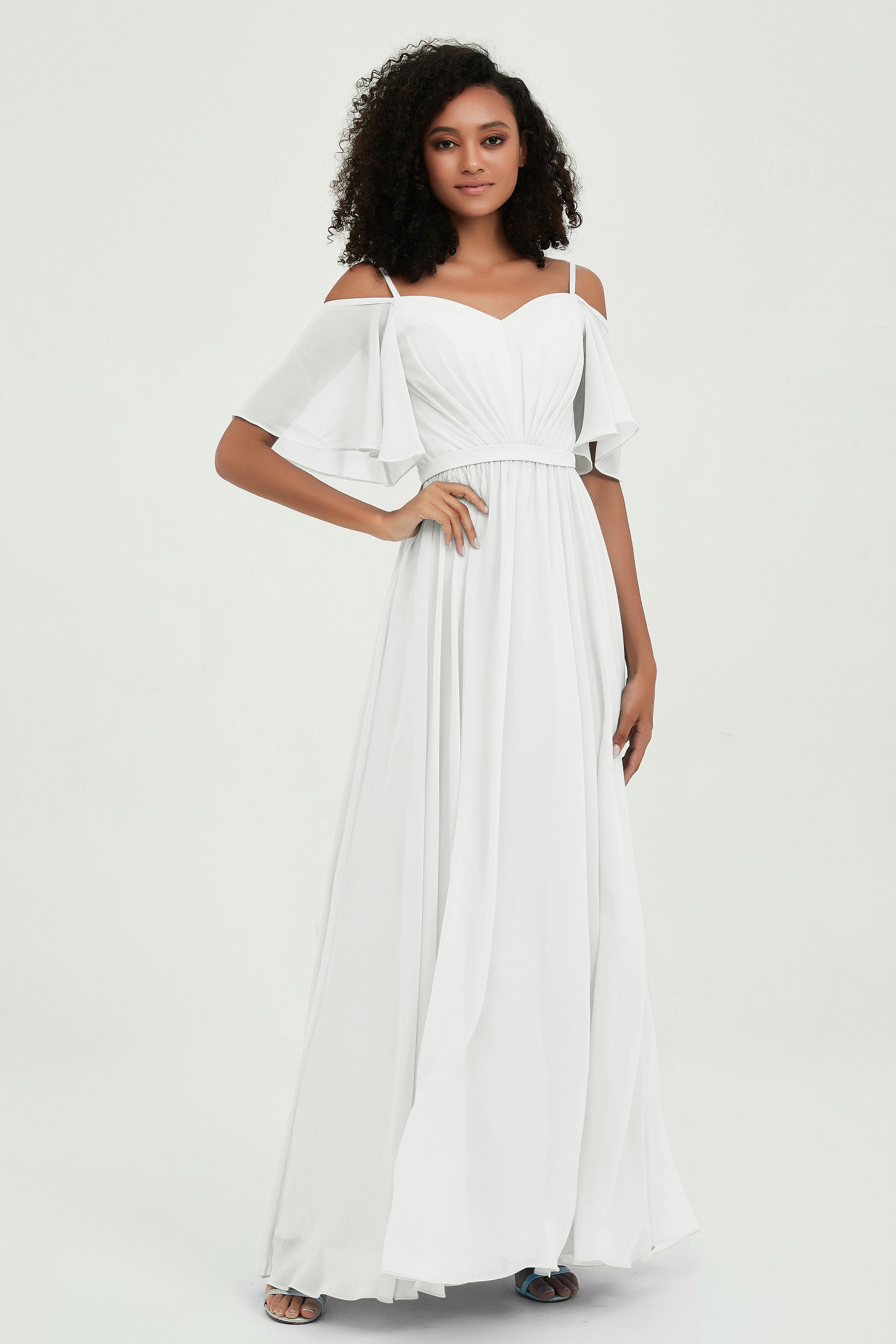 Off the Shoulder Chiffon Flutter Sleeves Junior Bridesmaid Dress Formal Evening Prom Gowns
