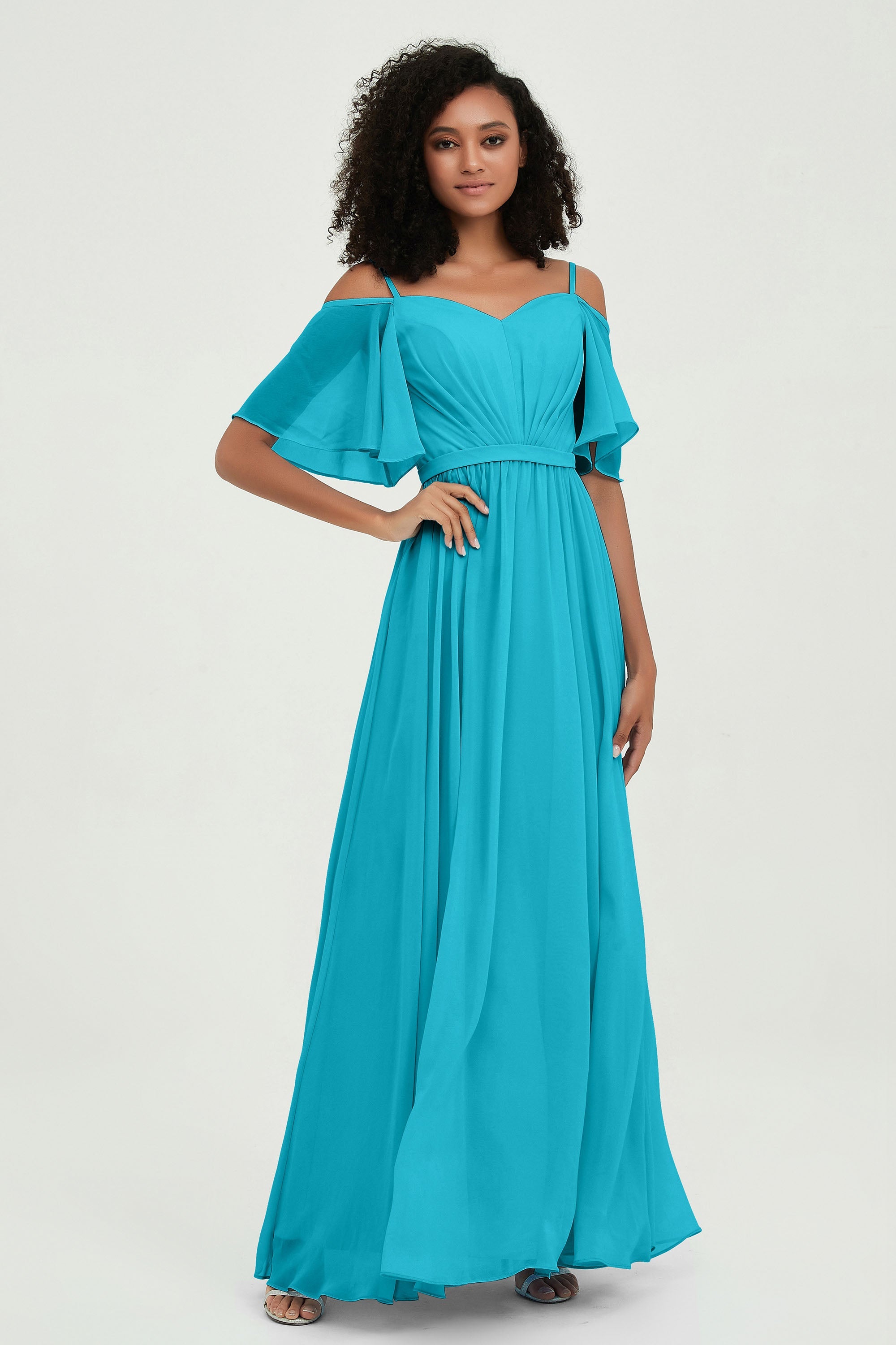 Off the Shoulder Chiffon Flutter Sleeves Junior Bridesmaid Dress Formal Evening Prom Gowns