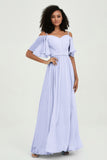 Off the Shoulder Chiffon Flutter Sleeves Junior Bridesmaid Dress Formal Evening Prom Gowns
