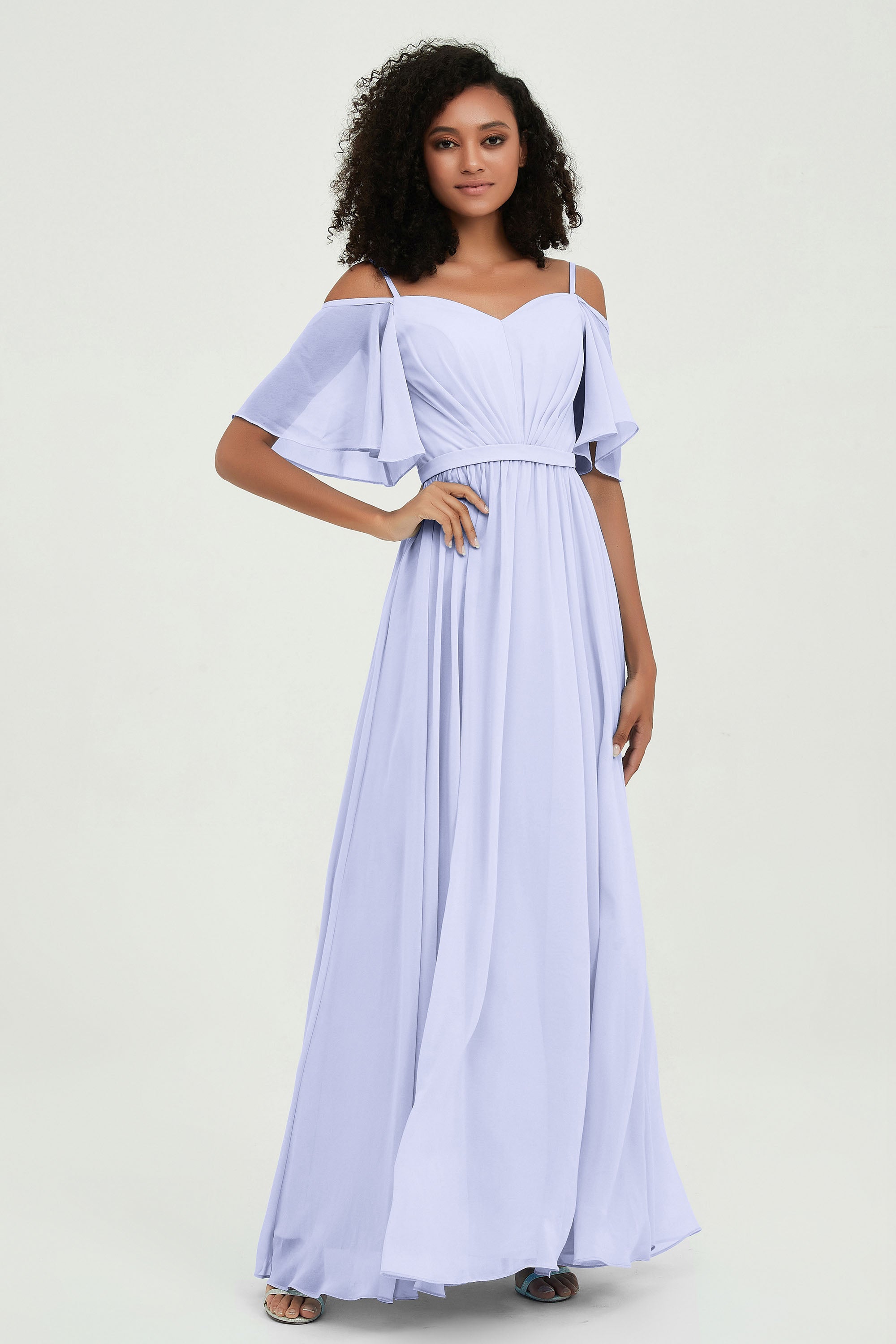 Off the Shoulder Chiffon Flutter Sleeves Junior Bridesmaid Dress Formal Evening Prom Gowns