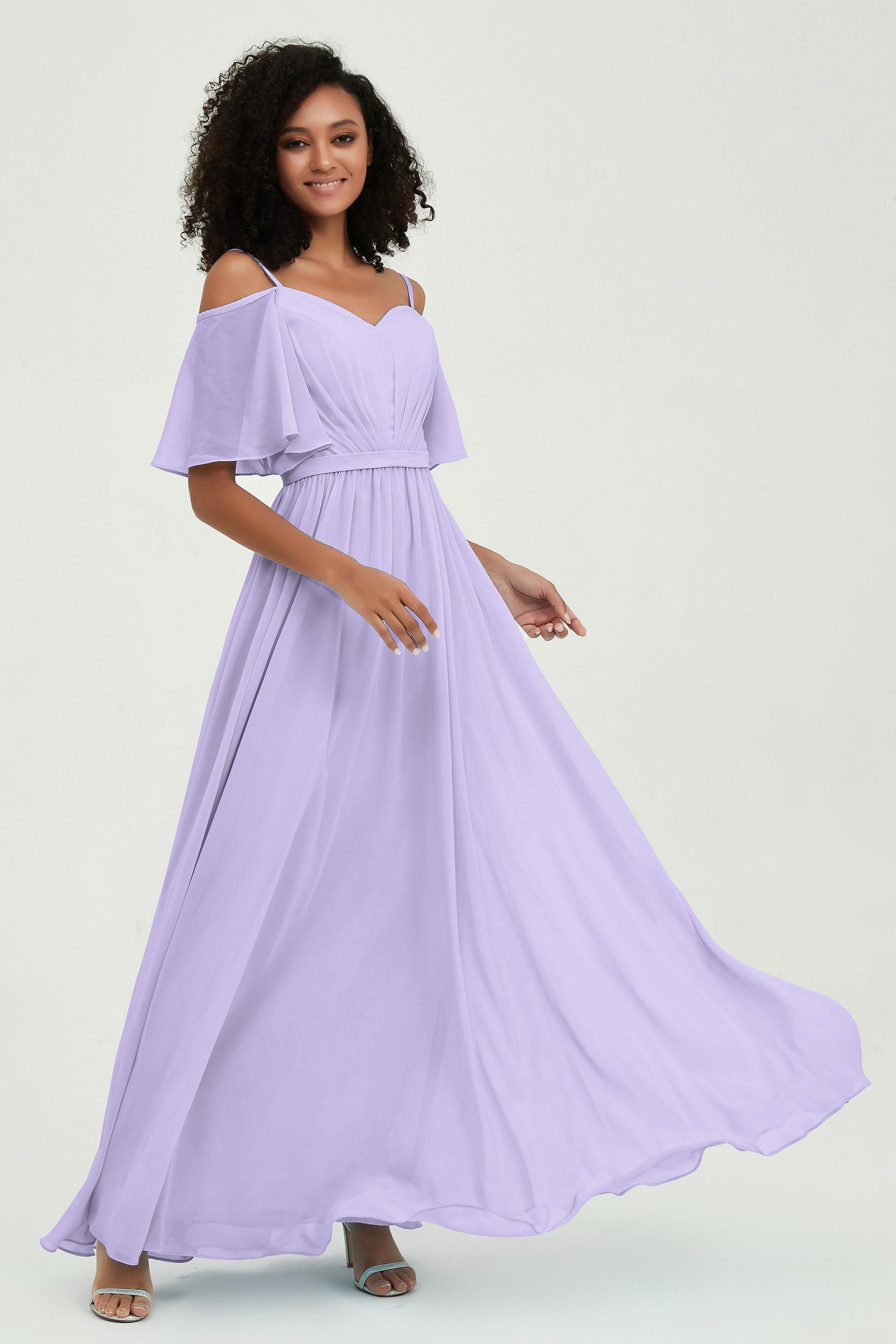 Off the Shoulder Chiffon Flutter Sleeves Junior Bridesmaid Dress Formal Evening Prom Gowns
