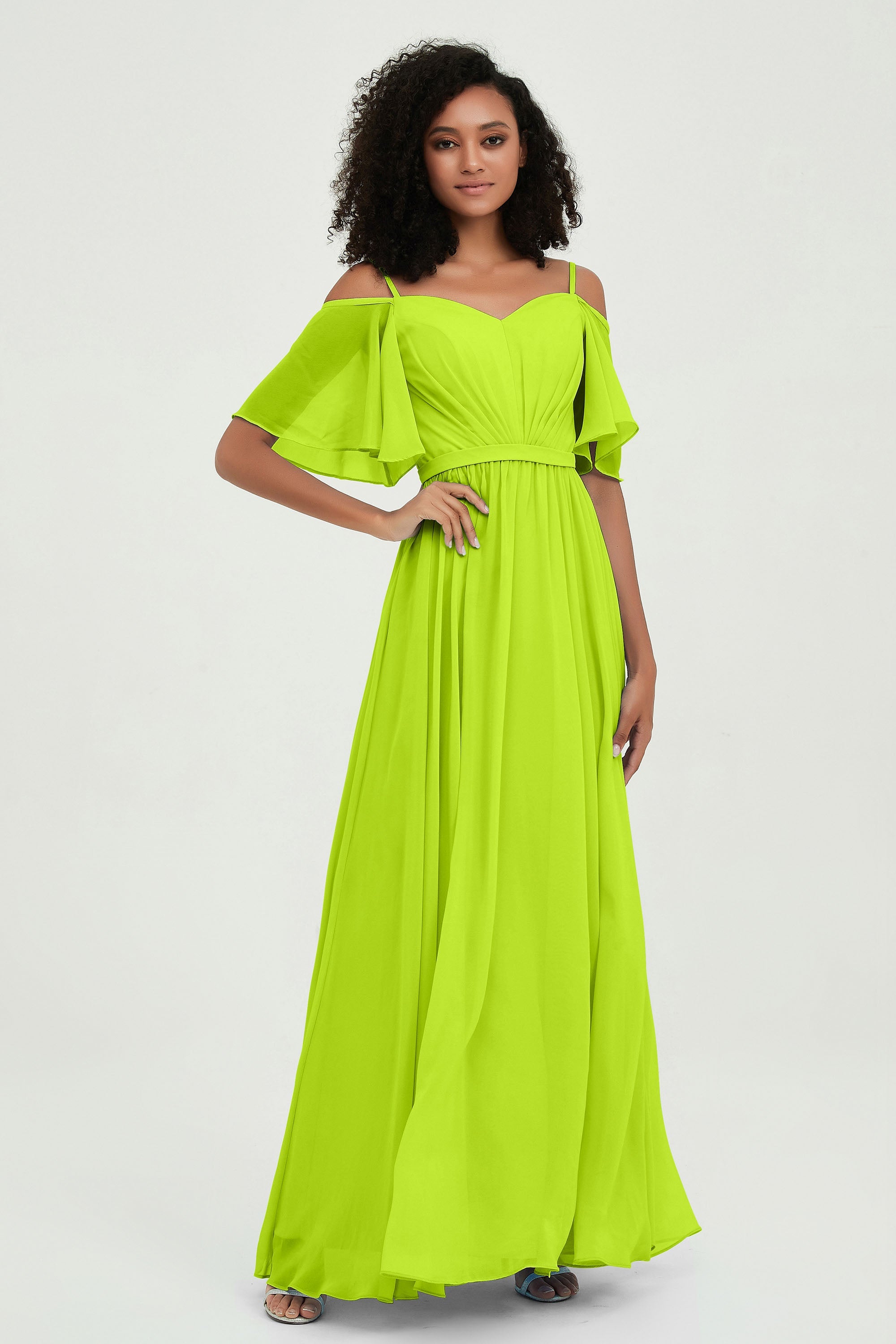 Off the Shoulder Chiffon Flutter Sleeves Junior Bridesmaid Dress Formal Evening Prom Gowns